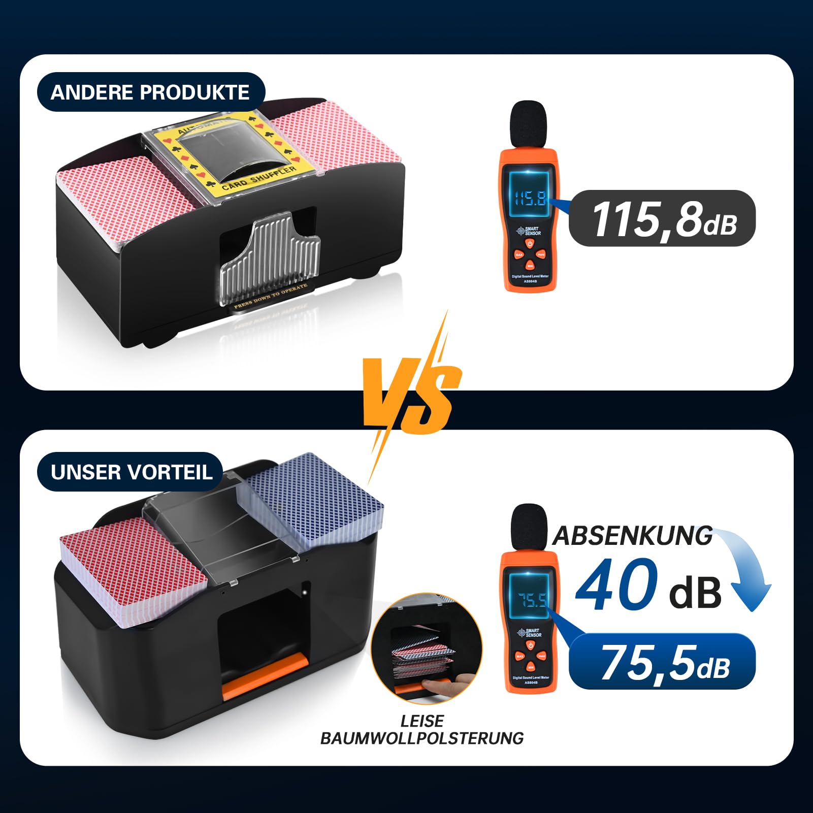 Geräuscharmer und wiederaufladbarer Kartenmischer für 2 Kartensätze, 2000 mAh, automatischer elektrischer Mischer für Kartenspiele, Texas Hold'em, Poker, Heimkartenspiele, Blackjack