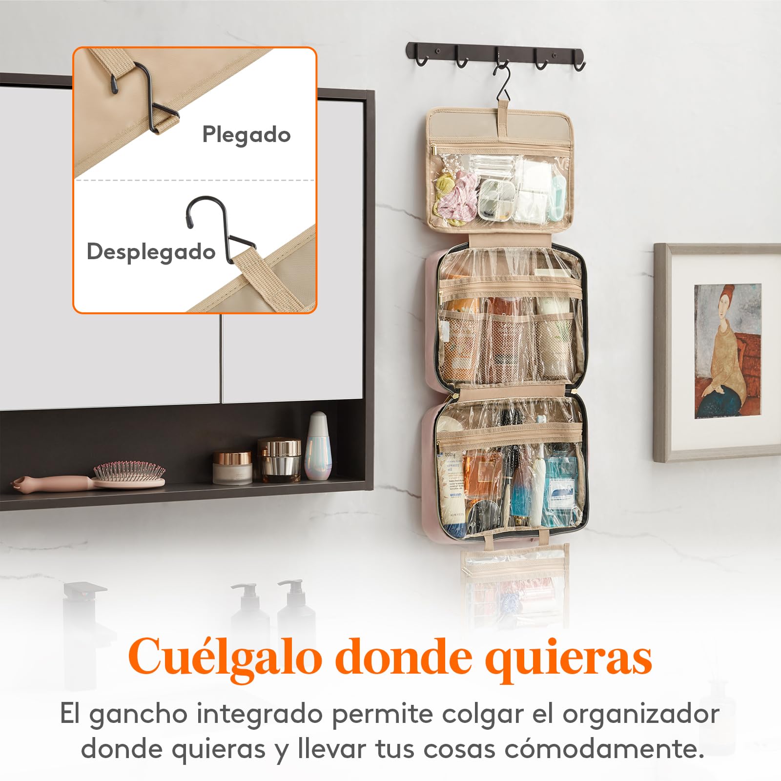 Lifewit Neceser Mujer Viaje, Bolsa de Maquillaje Organizador para Colgar, Grande Bolsas de Aseo con 4 Compartimentos Transparentes, Makeup Bag con Gancho, Grande, Rosa