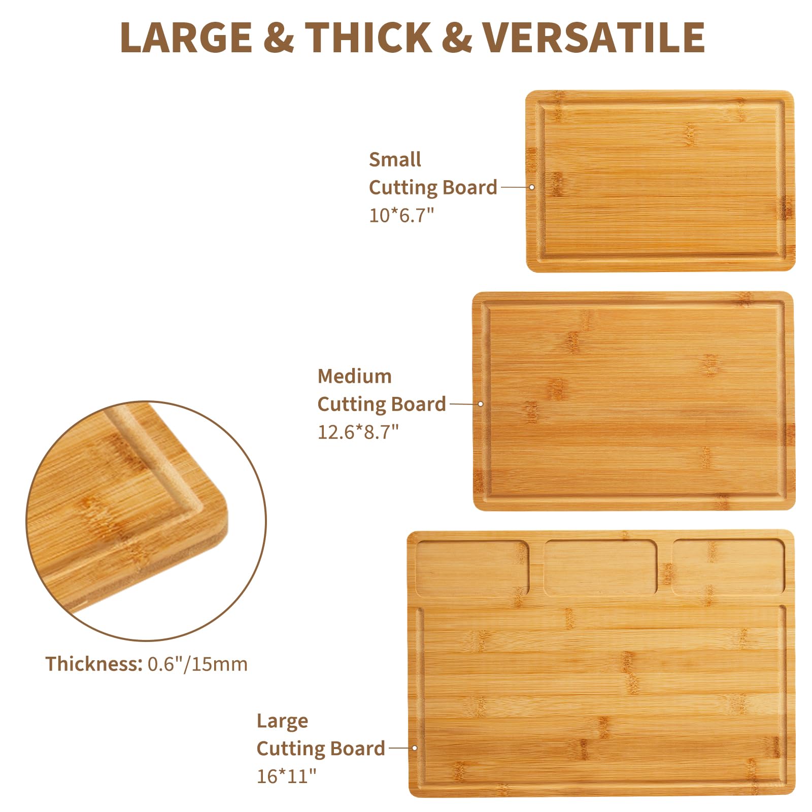 Garvee Set de 3 tablas de cortar de bambú natural para cocina – Con ranuras profundas, asas integradas y compartimentos – Resistentes, ideales para carne, verduras, frutas y queso – Perfectas para