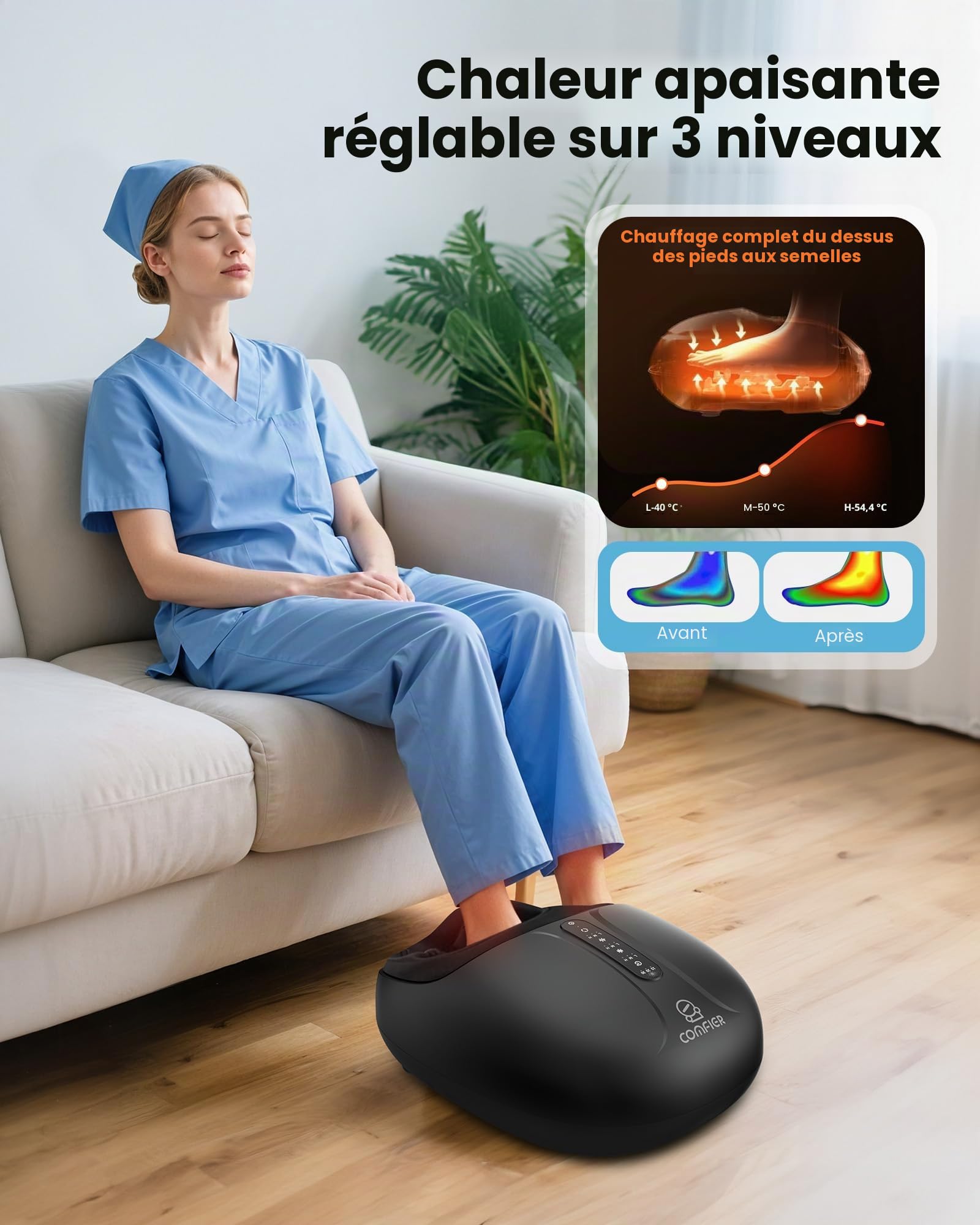 COMFIER Masseur de pieds avec chaleur, massage Shiatsu des pieds, double chauffage dessus et plante du pied, 3 niveaux de pétrissage et compression, télécommande, jusqu’à UE 46, cadeau femme homme