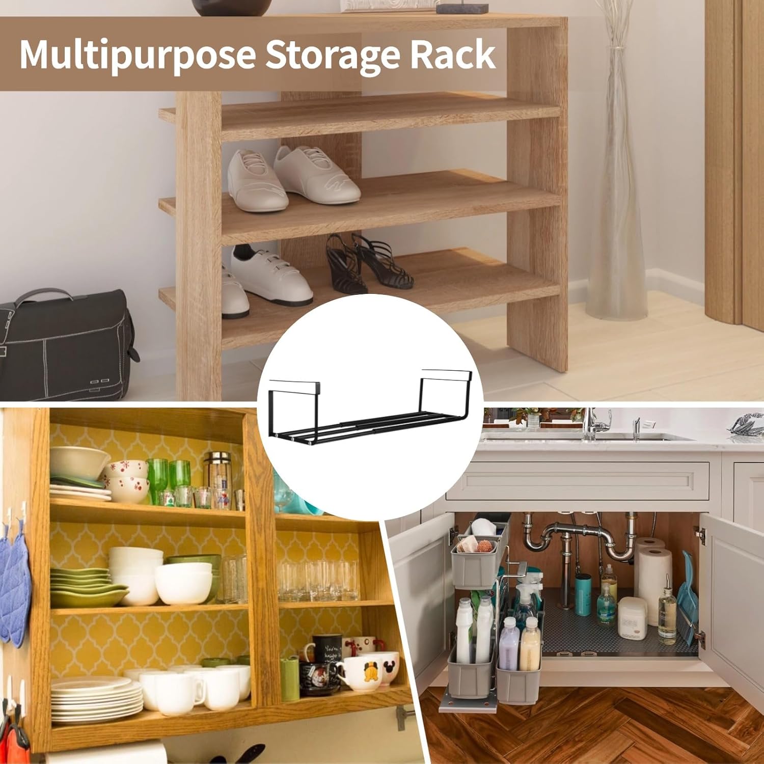Under Cabinet Shoe Organizer, Shelf Shoe Rack Retractable Under, Hanging Storage Rack Adjustable for Cupboard Pantry, Expandable No Drilling