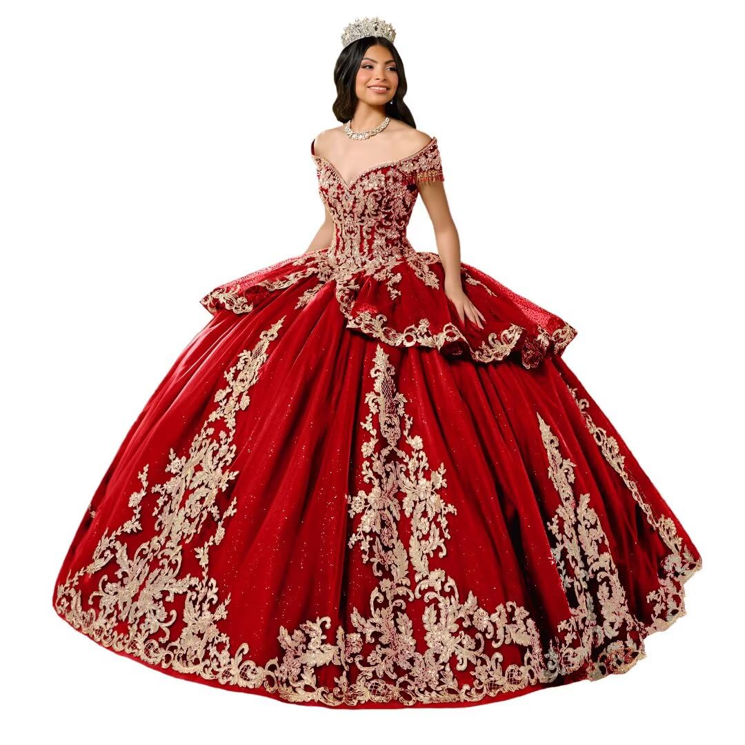 DXUOPL Glitter Tulle Quinceanera Dress with Train Luxury Tassel Sweet 15 16 Dress with Detachable Bow Gold Beaded Ball Gown