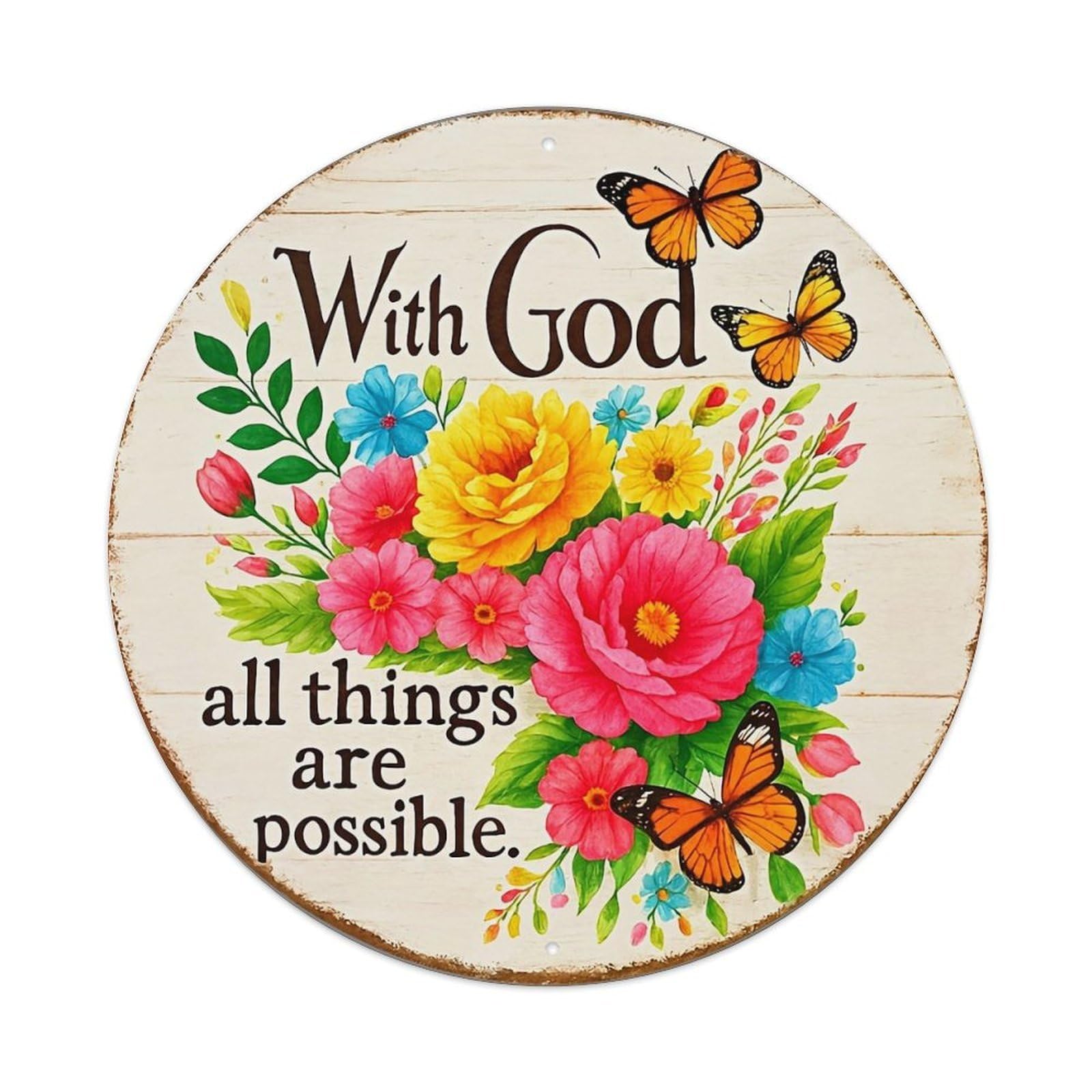 Floral Butterflies Scripture Wood Sign Vintage Round Tin Sign Retro Metal Wall Decor Metal Poster, Home Bar Garage Cafe Wall Art Decoration 8x8Inches
