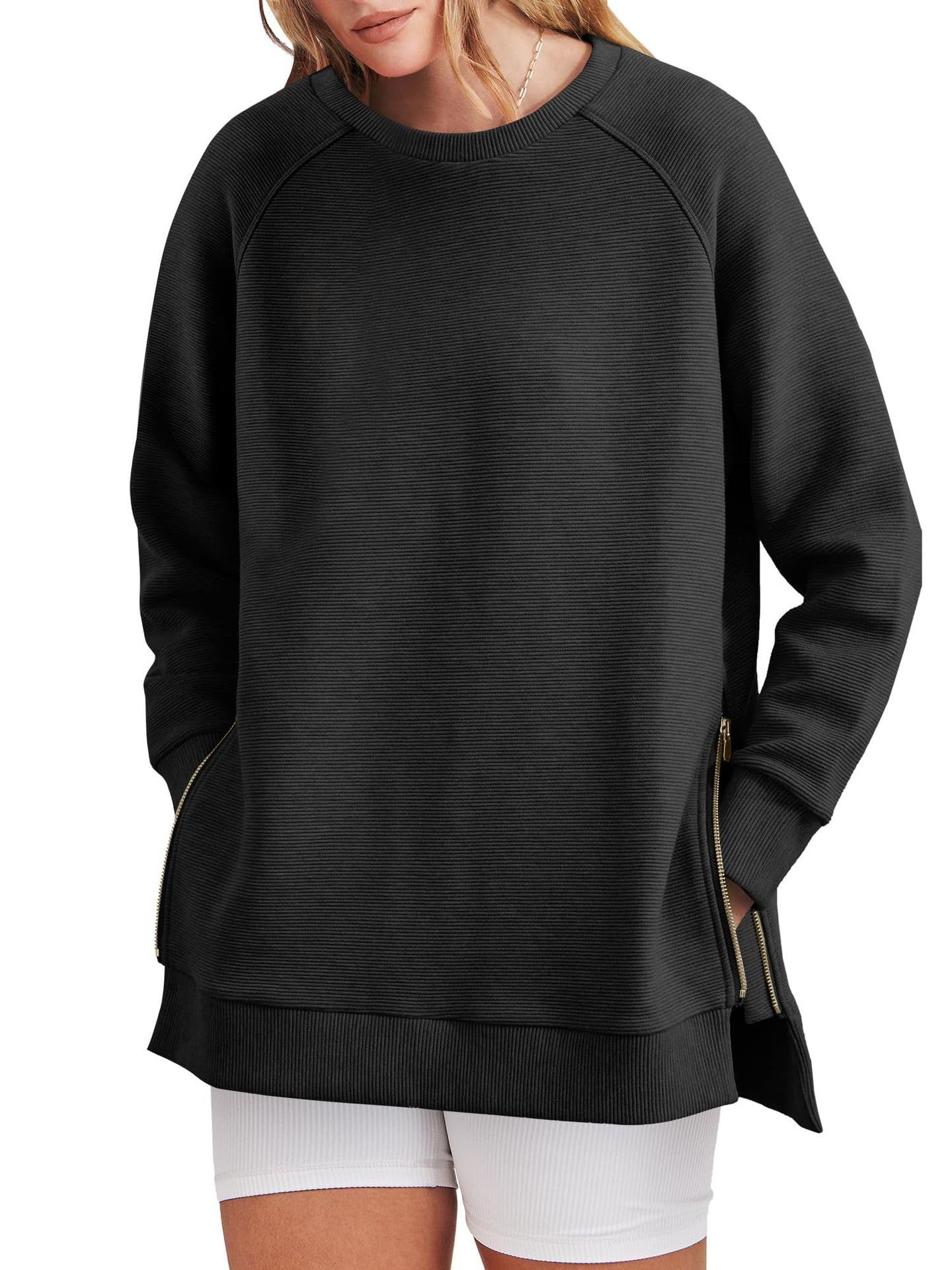 Damska bluza oversize z okrągłym dekoltem tunika z długim rękawem sweter z bocznym zamkiem błyskawicznym bluza z kapturem jesienne topy