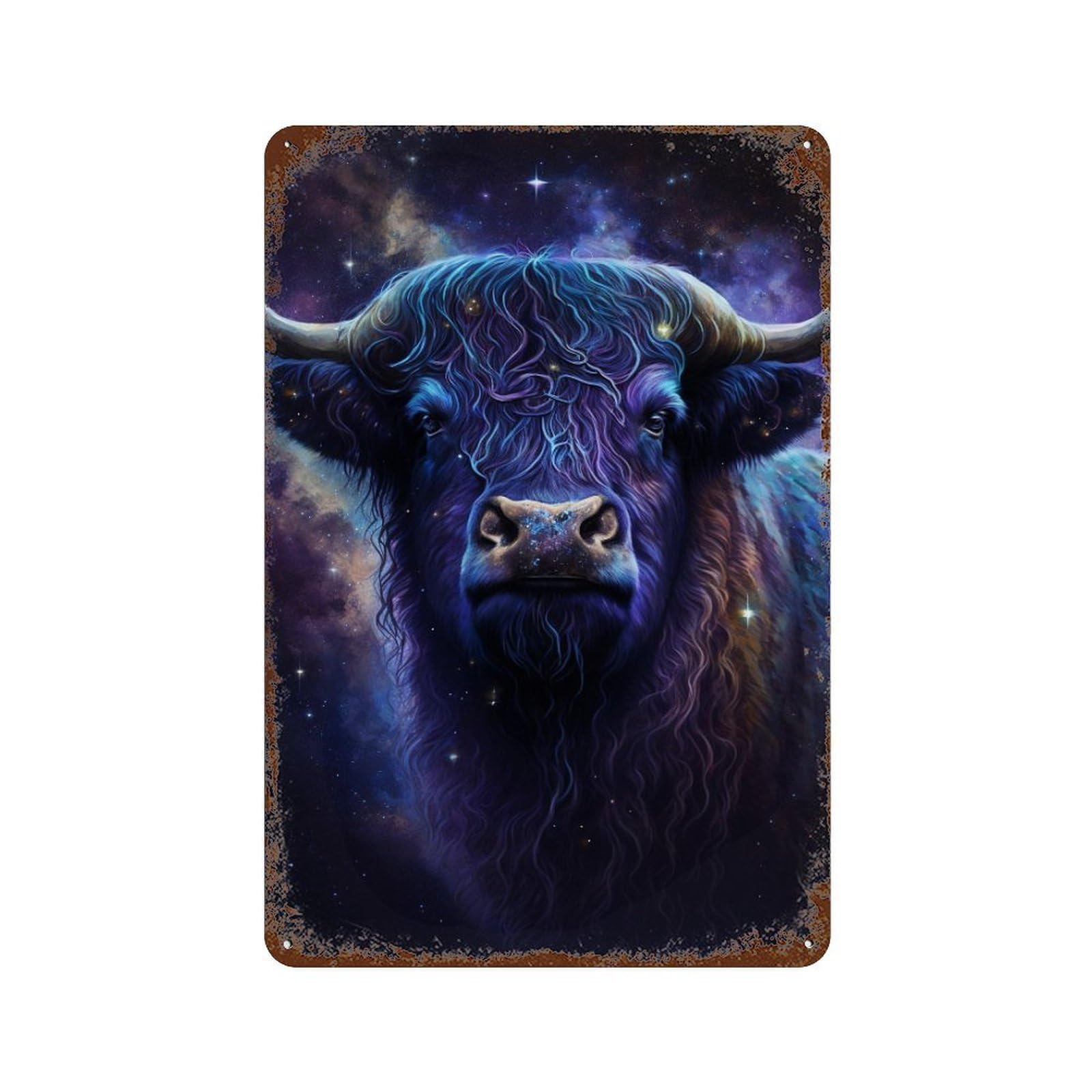Cosmic Bull Portrait Art Print Rust Effect Tin Sign 11.8"x7.9", Farmhouse Wall Decor for Living Room, Hallway And Home Decor