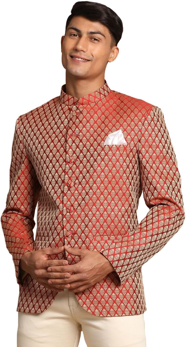 VASTRAMAYMen's Banarasi Silk Regular Banarasi Jacquard Jodhpuri Coat (V)