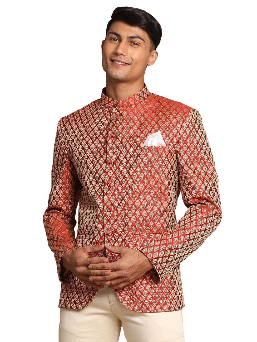 VASTRAMAYMen's Banarasi Silk Regular Banarasi Jacquard Jodhpuri Coat (V)