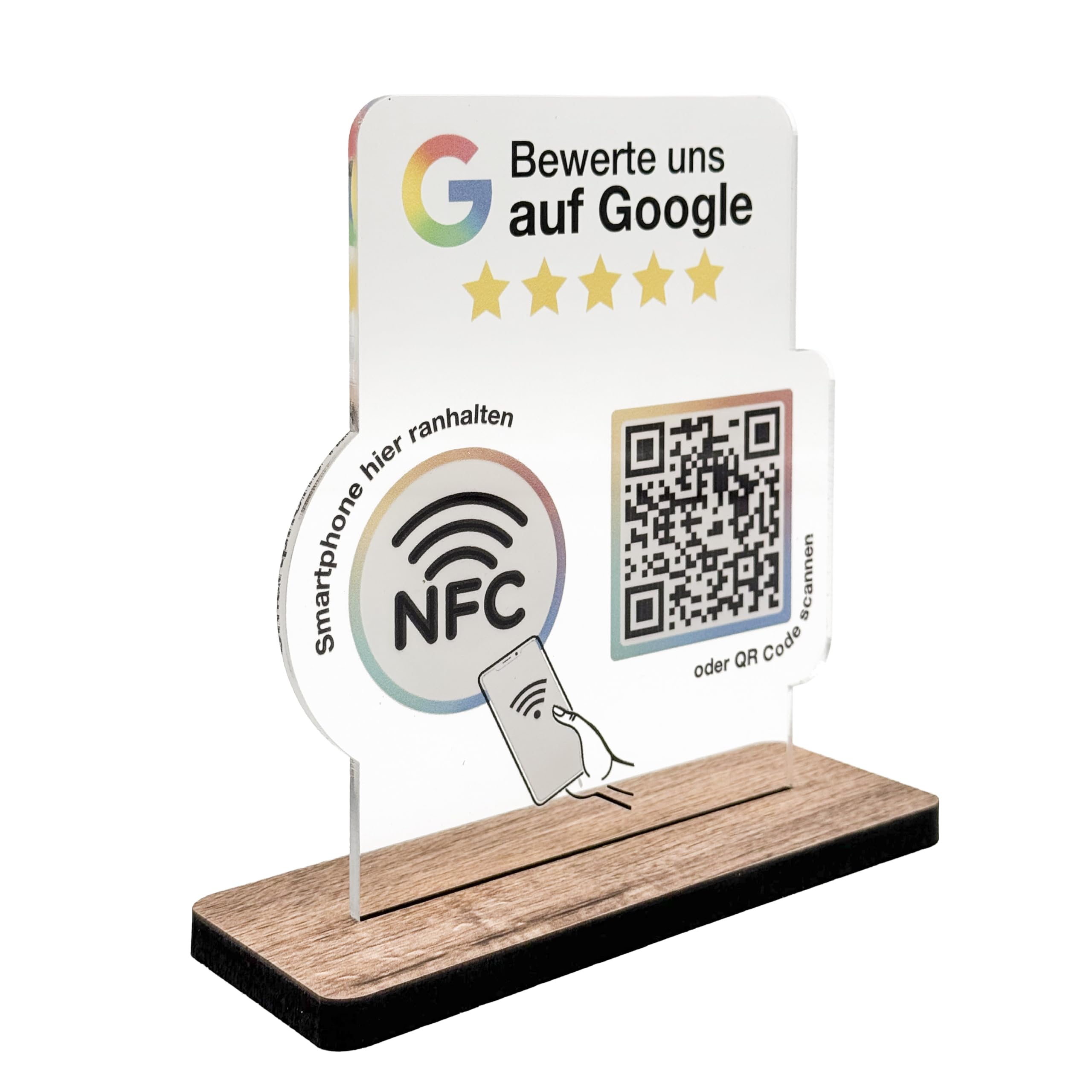 Aufsteller für google Bewertung NFC & QR-Code - Schild/Display für Bewertungen für Theke, Empfang, Praxis, Restaurant, Studio - Bewertungsaufsteller für Rezensionen/Review (transparent, V2 DIN A6)
