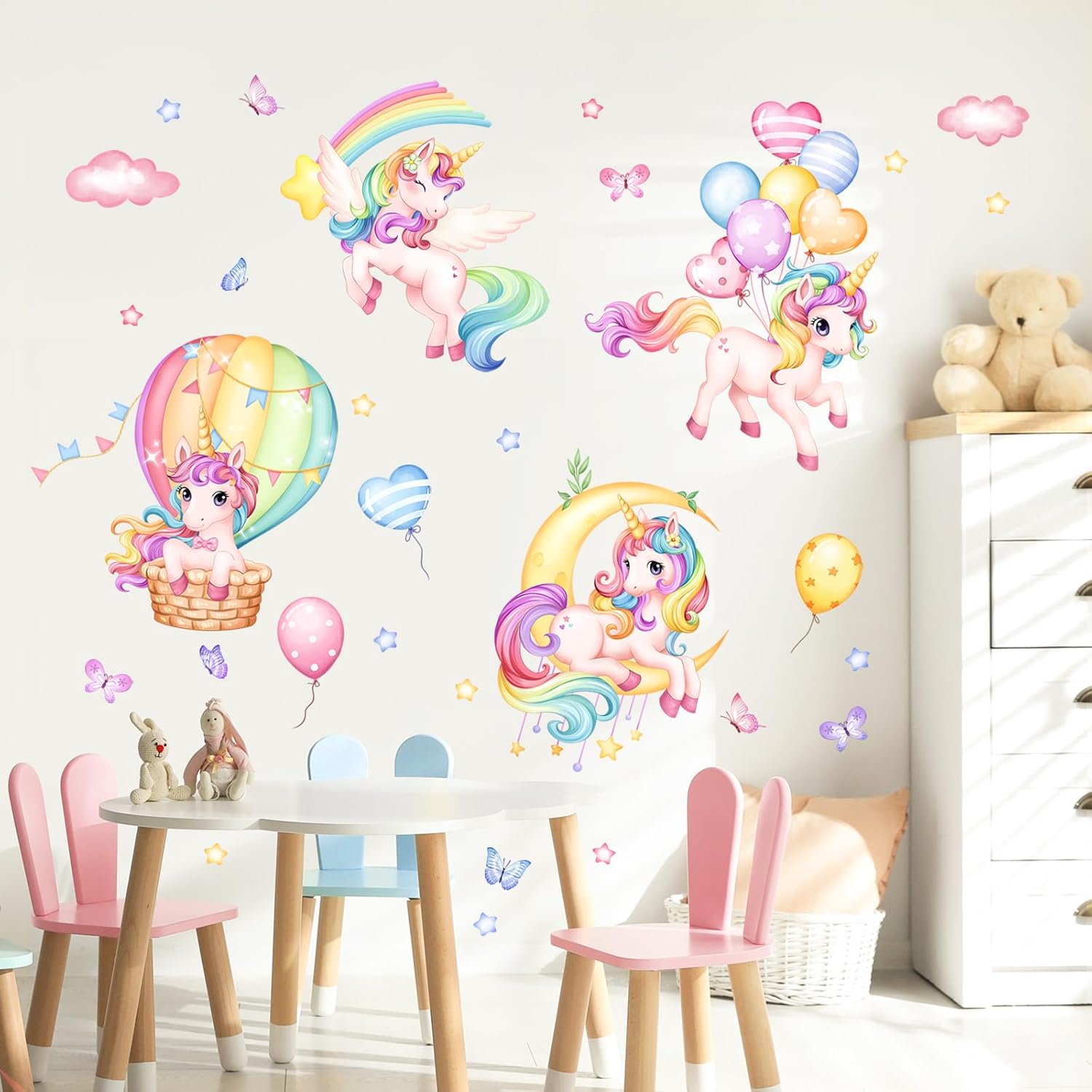 Unicorn Rainbow Wall Decals Hot Air Balloon Moon Clouds Stars Wall Stickers Baby Nursery Girls Bedroom Kids Room Wall Decor - Image 5