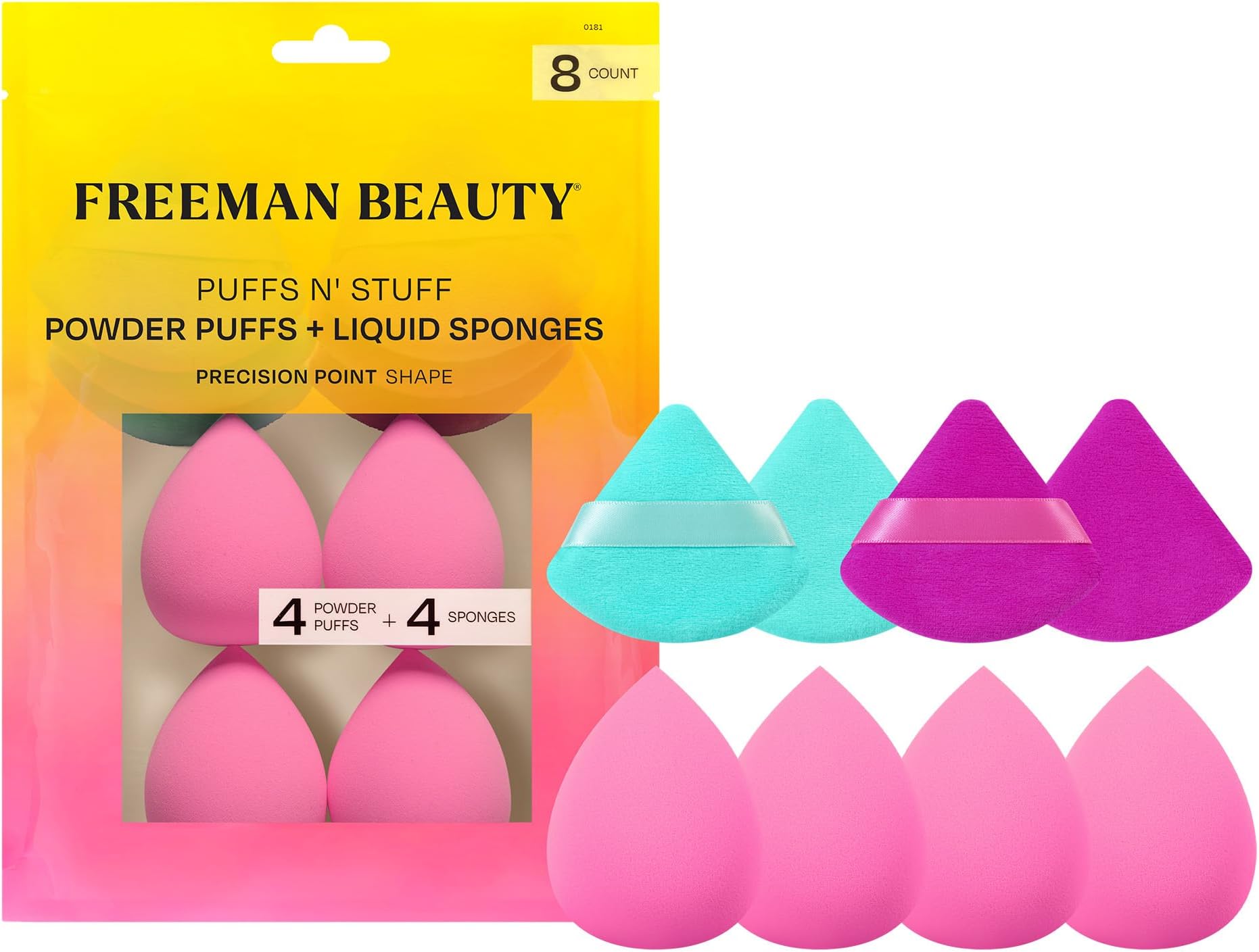 Freeman Puffs N' Stuff Powder Puffs + Liquid Sponges 8 Count Set, Makeup Blending Sponges For Liquid & Cream Foundation & Concealer, Triangle Powder Puff For Setting Powder, Vegan & Cruelty Free
