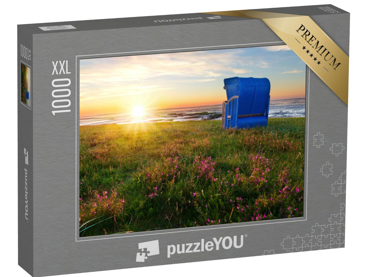 Puzzle 1000 Teile XXL „Strandkörbe am Strand von Harlesiel, Ostfriesland bei Sonnenuntergang“ – aus der Puzzle-Kollektion Ostfriesland, Strand & Meer