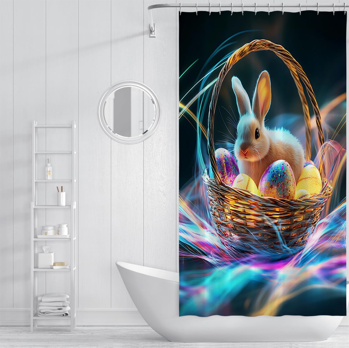 Osterhase im Korb-Duschvorhang mit bunten glitzernden Eiern und verträumtem Hintergrund Badewannenvorhang aus wasserdichtem Polyester für das Badezimmer 180 x 200 cm