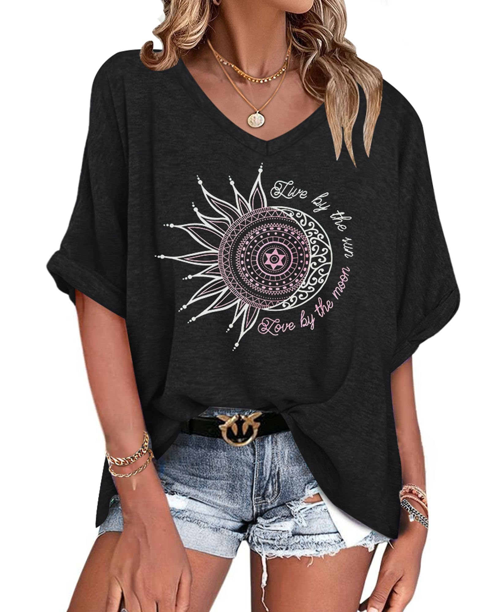 WNEEDU Oversize T-Shirt Damen Sommer V Ausschnitt Top Damen Kurzarm Oberteile Sommer Bluse Shirt Locker Leicht und Luftig