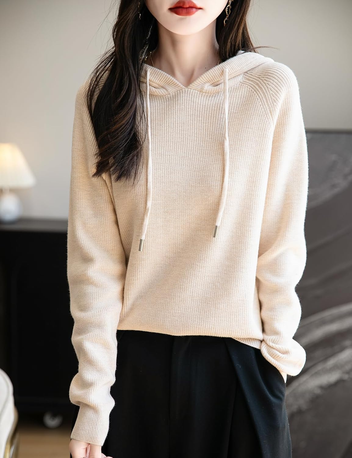 Women's Merino Wool Blend Hoodies 2025 Fall Winter Crewneck Sweatshirt Long Sleeve Knitted Sweater with Drawstring - Image 3