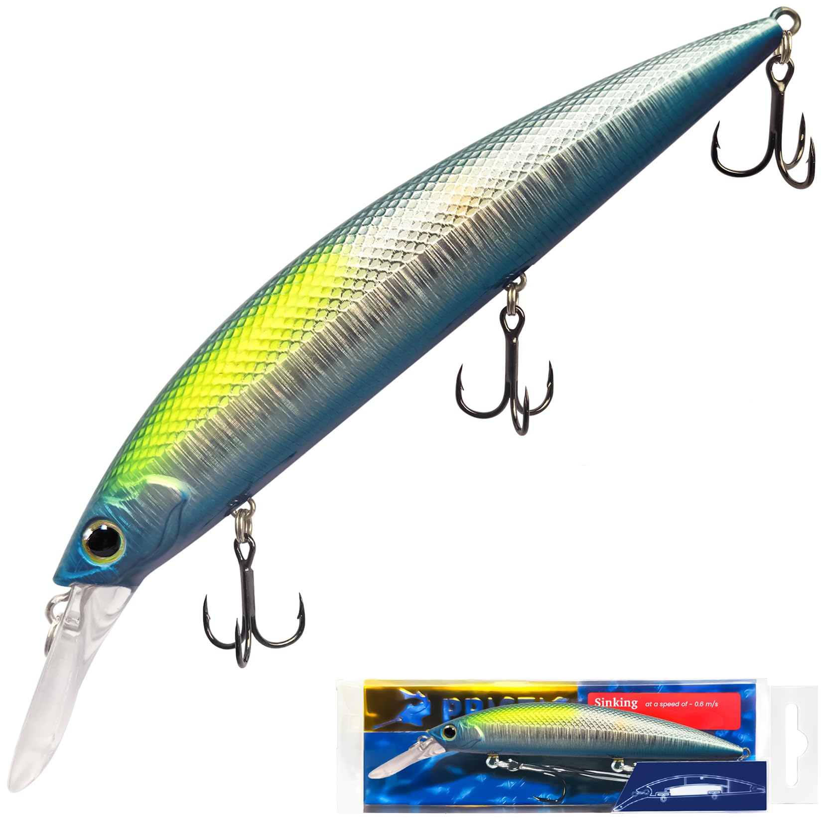 Pristis Minnow Fishing Lure, Long Casting Crankbait with Sharp Treble Hooks, Saltwater Freshwater Hard Bait Set Tackle Kit with Precise Weight & Exquisite Coating for Bass Pike, Azure Green