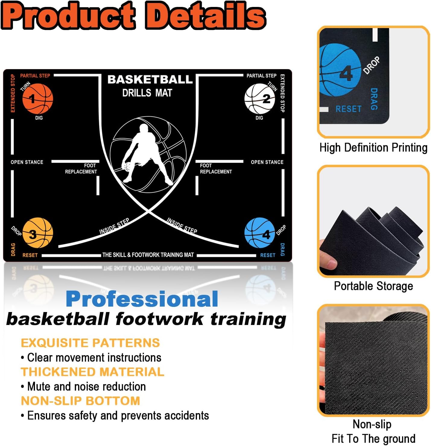 Portable Basketball Footwork Training Mat,31.5Inch X 47.2 Inch Agility Footstep Training Mat, Basketball Pads for Training for All Levels, Non-Slip Silent Equipment to Improve Speed, Strength and Coordination