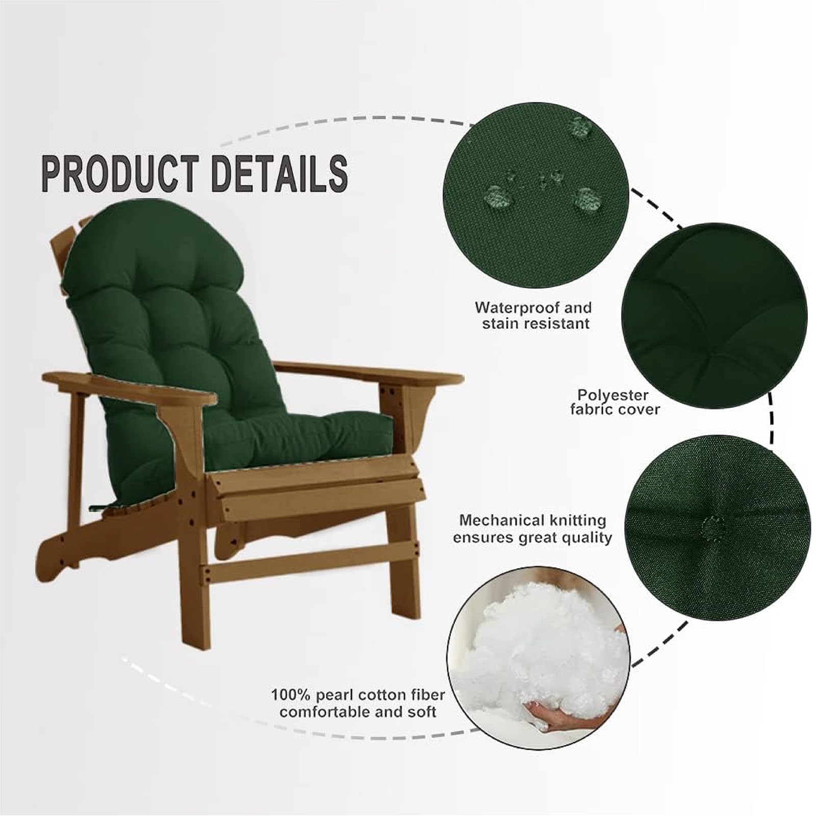 Générique Adirondack Coussin de Chaise de Jardin, Coussin de Chaise à Bascule à Dossier Haut Coussin de Salon Capitonné pour Patio Intérieur et Extérieur à Dossier Haut (Vert)