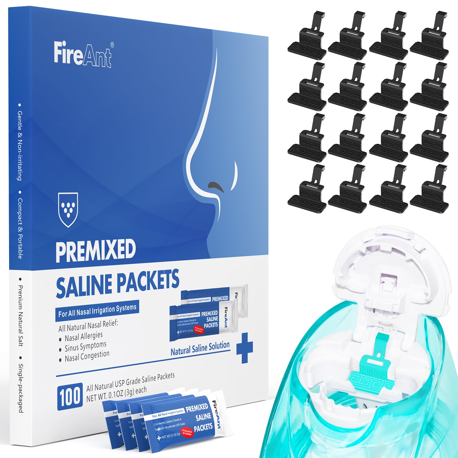 FireAnt 100 Saline Packets and 16 Pack Silicone Saline Pods Refills Set, Compatible with Navage Nasal Care — Includes 100 Count Salt Packets Sinus Rinse + 16 Reusable Salt Pads in Black