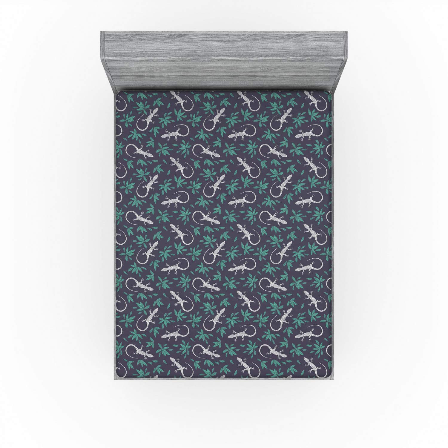 Ambesonne Gecko Fitted Sheet, Hand Drawn Reptiles with Bohemian Motif and Foliage Leaves Pattern, Soft Decorative Fabric Bedding All-Round Elastic Pocket, Full Size, Aqua Grey