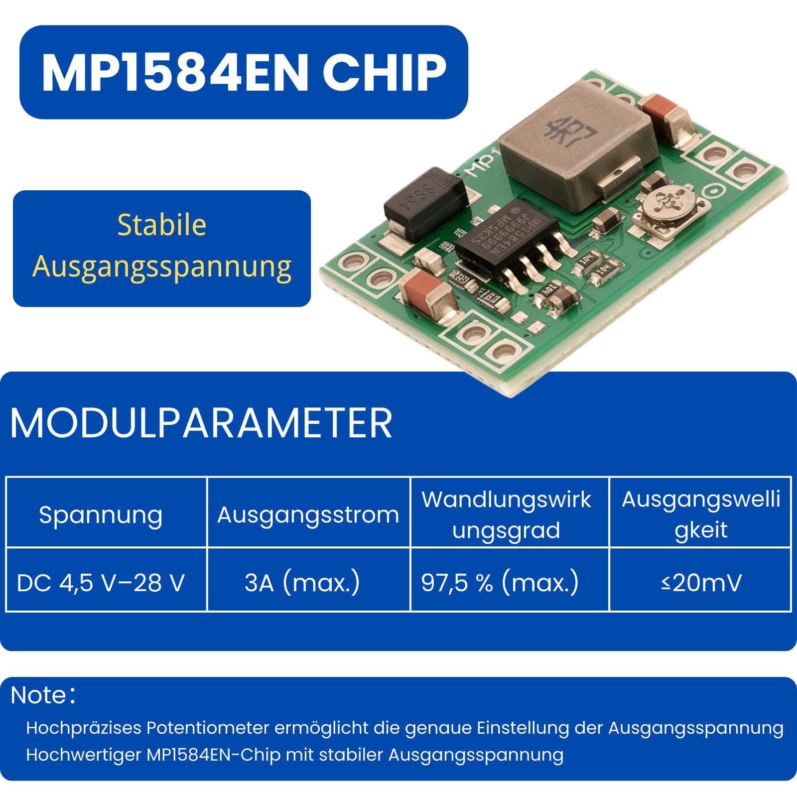 5 stuks MP1584EN Step Down Converter - 4,5-28V tot 0,8-20V instelbare