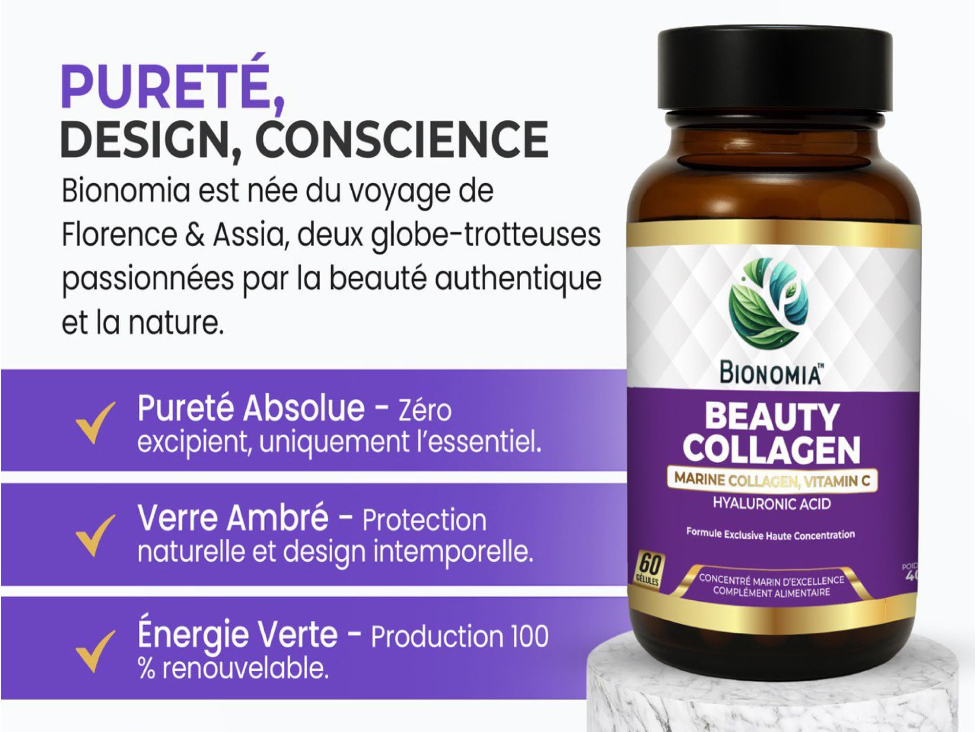 Beauty Collagen 900mg - Collagène Marin Hydrolysé Naticol + Acide Hyaluronique 100mg + Vitamine C - Peau Cheveux Ongles - 60 Gélules Végétales Sans Excipients - Testé en Laboratoire
