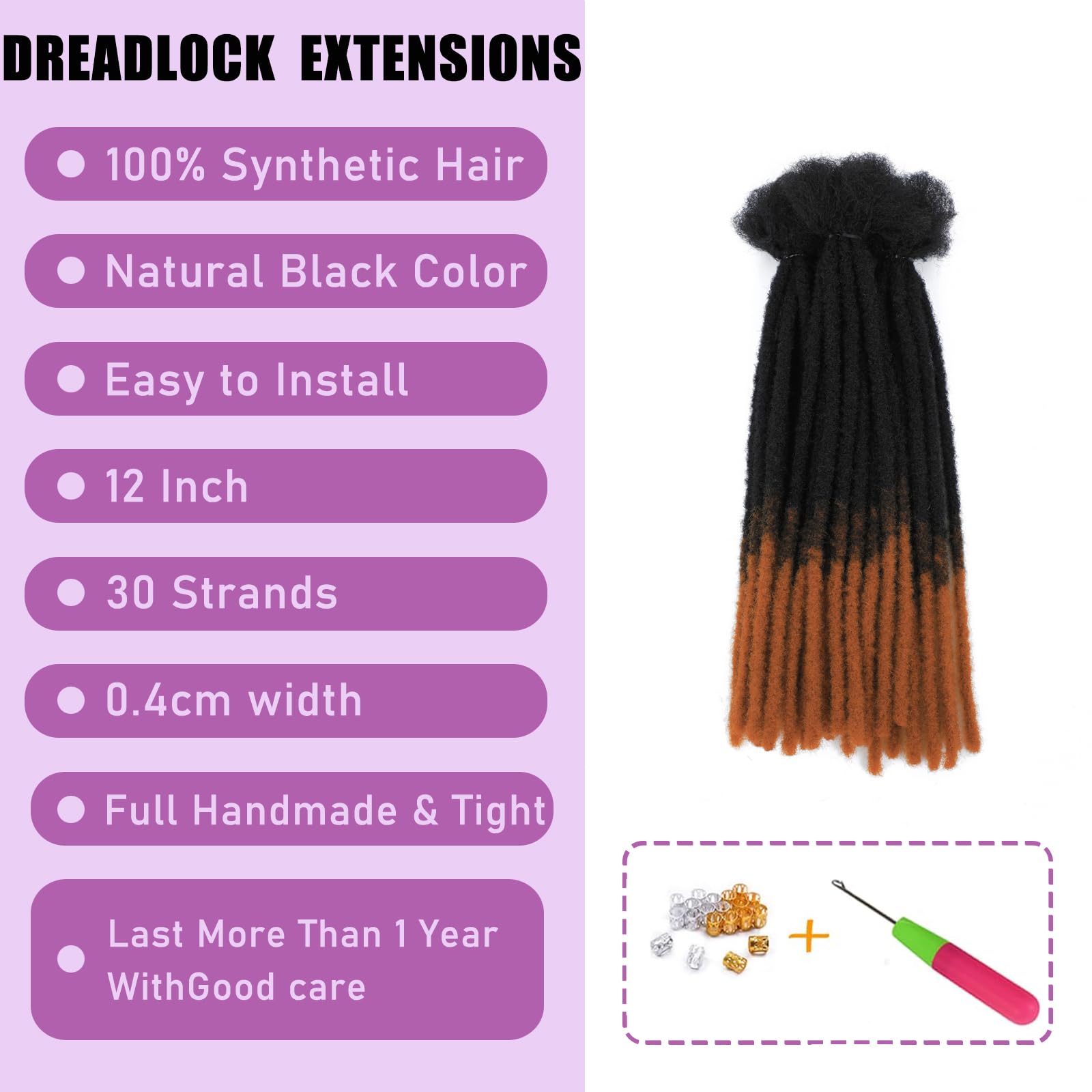 SHIHERESH Dreadlock Extensions Synthetic Hair 0.4cm Width 30 Strands Soft Dreads Extensions Dreads Loc Reggae Hippie Handmade Dreadlock Extensions for Women/Men(1B/30,12inch) - Image 2