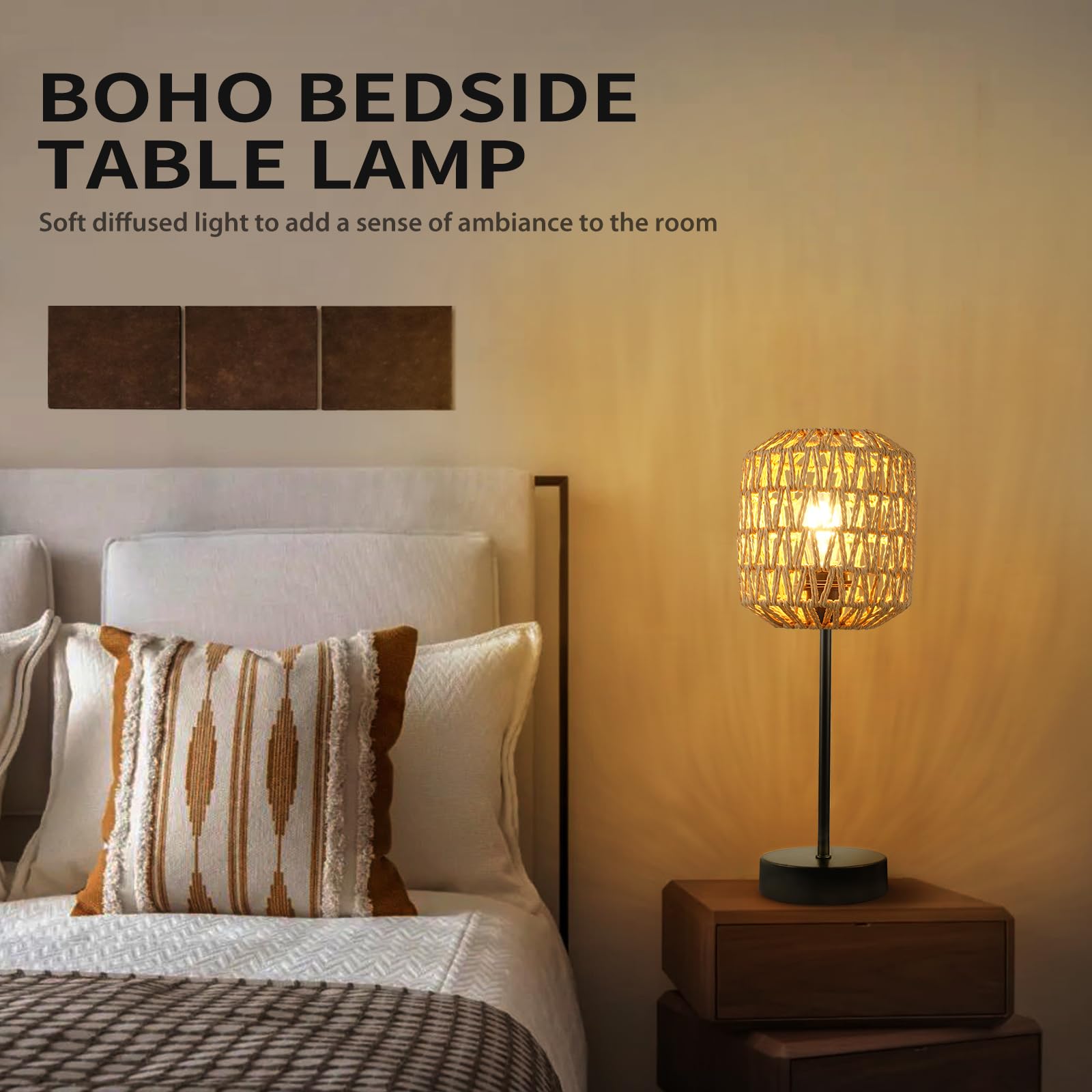 HYMELA N02 Rustic Rattan Table Lamp with Handmade Woven Shade, Dimmable Vintage Bedside Lamp Touch Control, Boho Farmhouse Nightstand Lamp with USB Port for Bedroom Living Room Home(Bulb Included)