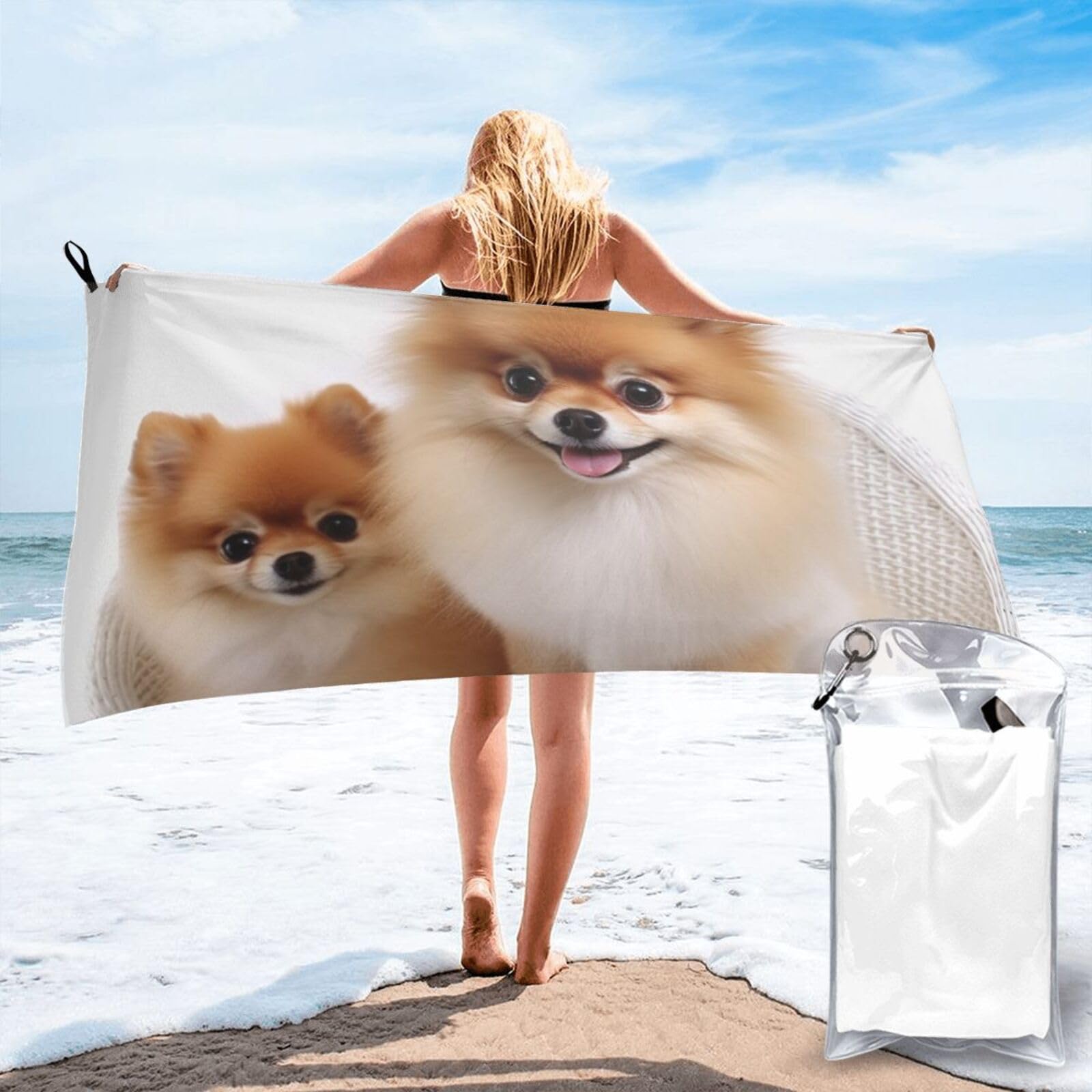 DWVTSLH Microfiber Sand Free Beach Towel 27.5"x55", Quick Dry Absorbent Travel Towel Large Camping Blanket, Cute Pomeranian Bath Towels Lightweight Pool Swim Towels for Vacation Essentials