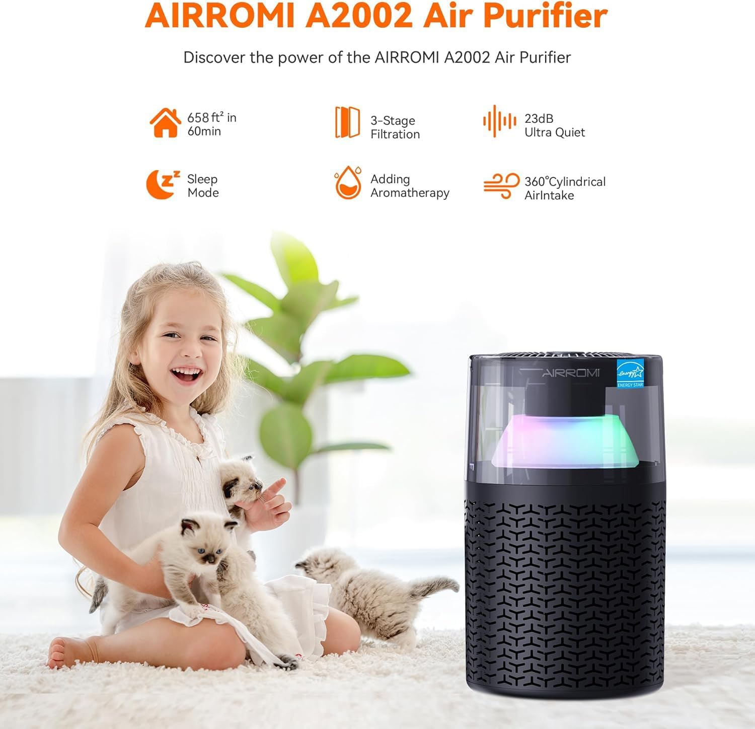 AIRROMI Pet Air Purifier for Home & Bedroom, HEPA Activated Carbon Filter, Removes Pet Dander & Odor, Allergies, Smoke, Hair, Night Light, Fragrance Sponge, Up to 658 ft², A2002 Black - Image 2