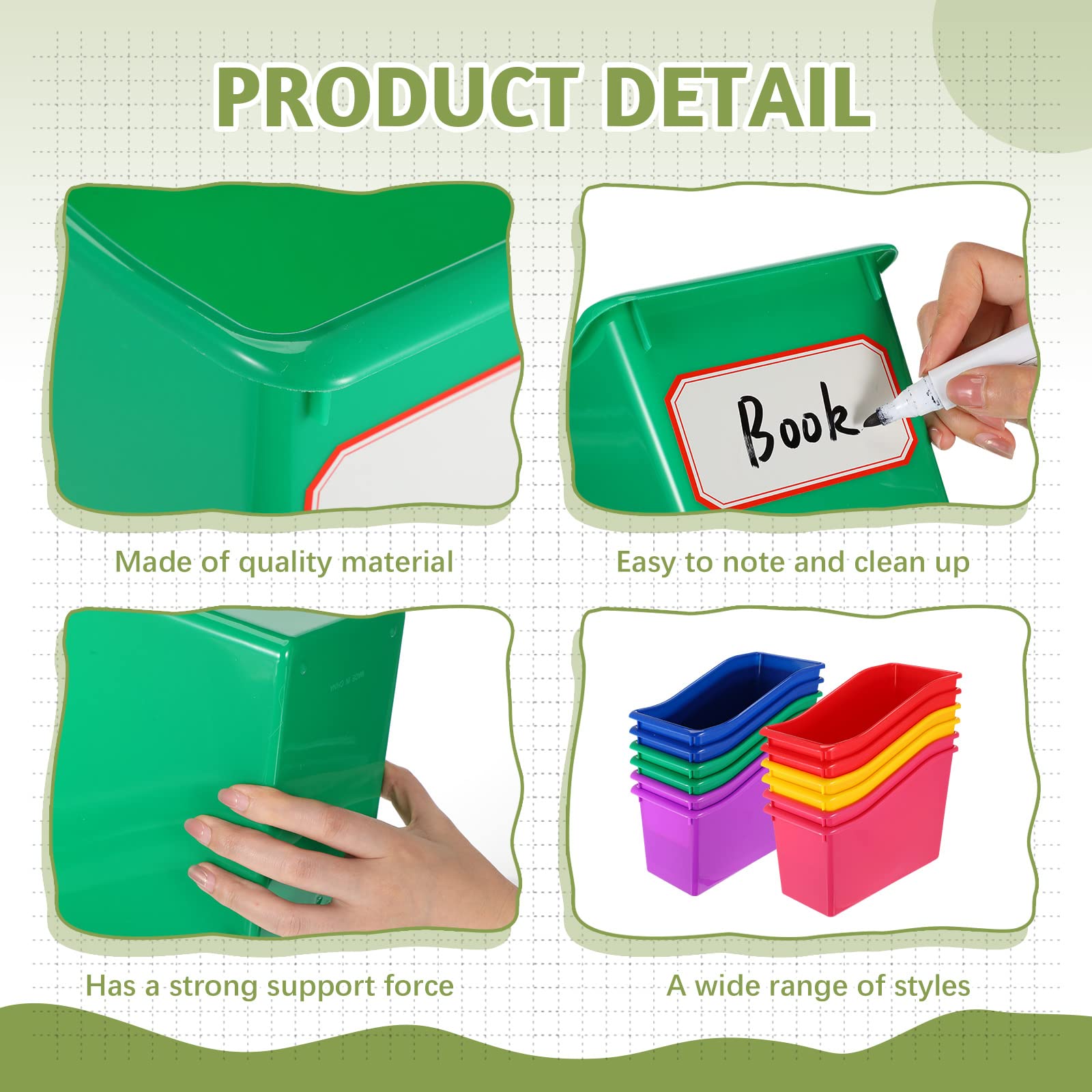 Teling 12 contenitori per riviste e libri, per scuola, resistenti, con 30 fogli di etichette per nome, contenitori in plastica colorata, per casa, classe, scuola, ufficio