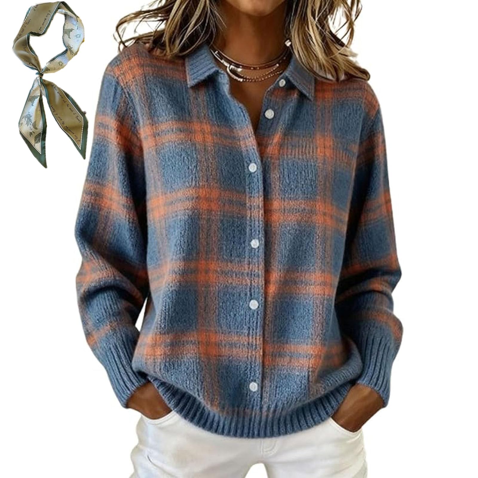 Womens Plaid Print Casual Cotton Buttoned Cardigan Sweater Collared Cropped Cardigan Knitted Winter Top Button up