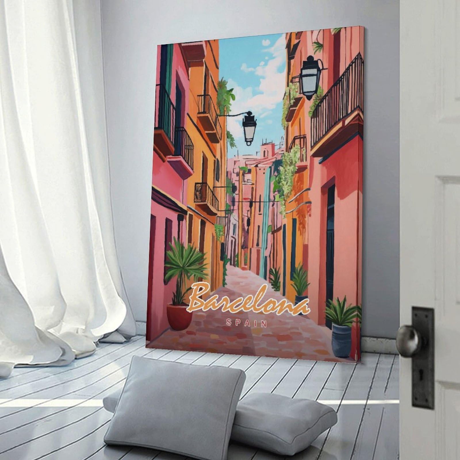 Junmoney Barcelona Street Painting Decorative Canvas Print 24x36inch(60x90cm), for Study, Office Or Focused Interiors, Wall Art That Adds Style to Work Areas