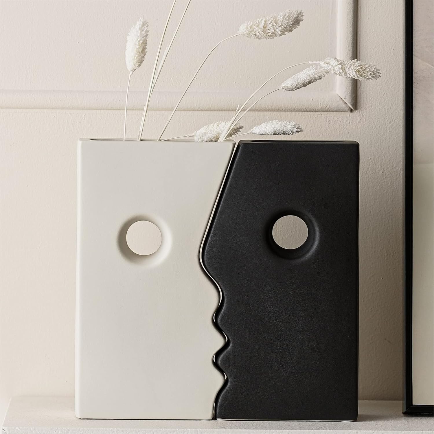 TRUDING Ceramic Face Vase Set of 2 for Modern Home Decor, Boho Minimalist Decorative Vase for Pampas Grass, Abstract Unique Square Flower Vases for Wedding Party Living Room Decoration (Black & White)