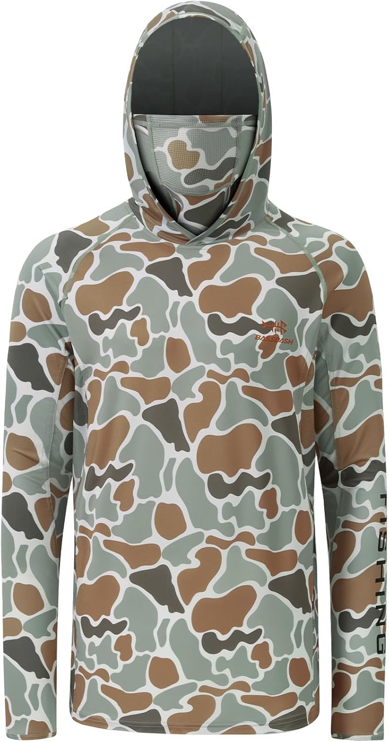 BASSDASH Men’s UPF 50+ Hooded Breathable Camo Shirts with Face Mask Lightweight Neck Gaiter Fishing Hiking Hoodie Shirt FS51M