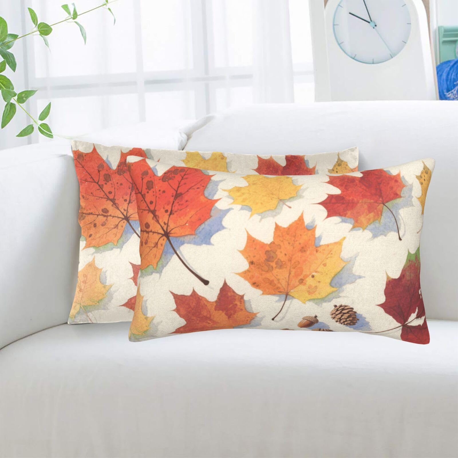 2 Pack Standard Pillowcases Sets, Ultra Soft Comfort Microfiber Plush Pillow Cases Watercolor Autumn Maple Leaf Decorative Throw Pillow Cover with Hidden Zipper for Bedroom, Sofa, Couch,16"X24"