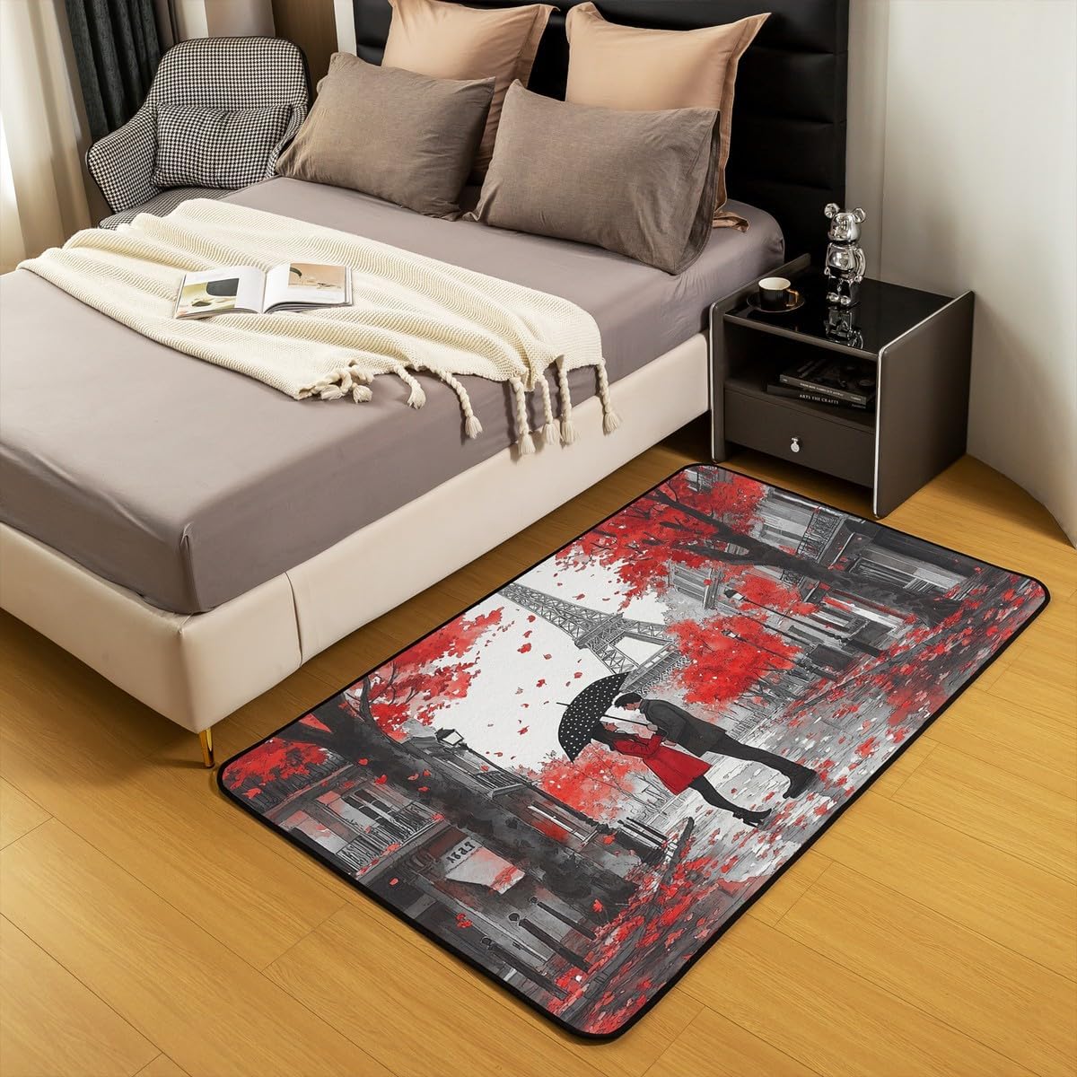 Erosebridal Eiffel Tower Area Rug 4'11" x 3'3", Romantic Paris Themed Carpet for Girls Women, Flowers Petals Non Shedding Indoor Floor Mat for Living Room, Couple Valentine's Day Decorative Rug