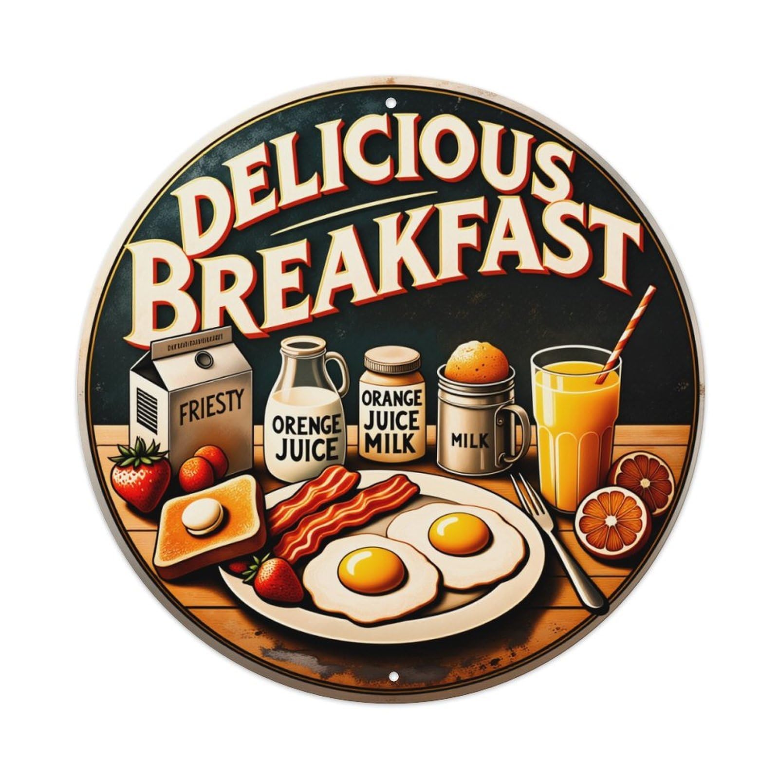 Delicious Breakfast Food Art Print Round Tin Sign Vintage Style Metal Sign Home Bar Garden Wall Plaque Decor Metal Poster 8x8 Inch