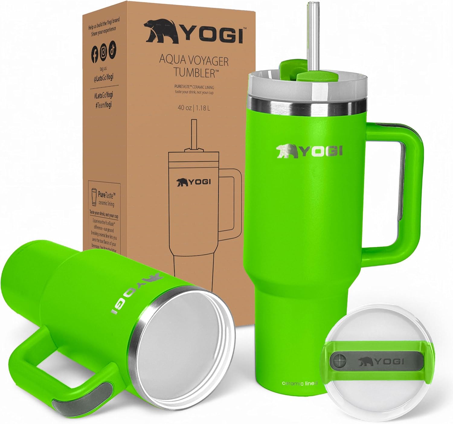 YOGI Ceramic Lined Tumbler with Handle and Straw Lid, Stainless Steel Travel Mug & Water Tumbler, Vacuum Sealed Cup with Handle - 30oz Celtic Green 30 Ounces Celtic Green