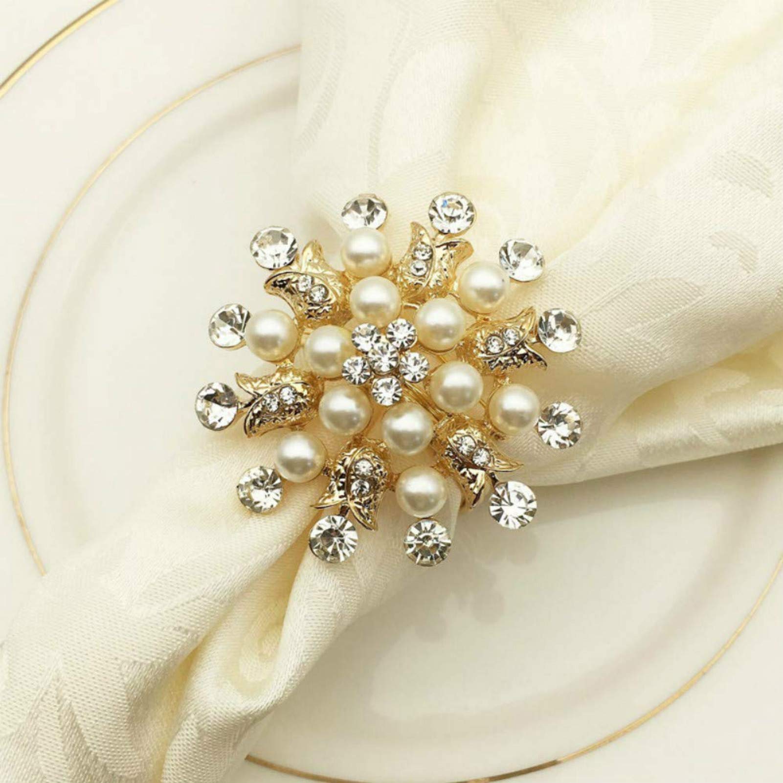 Joyindecor Napkin Rings Set of 6-Flower Pearl Rhinestone Napkin Ring Holder for Wedding Party Home Kitchen Dining Table Li...