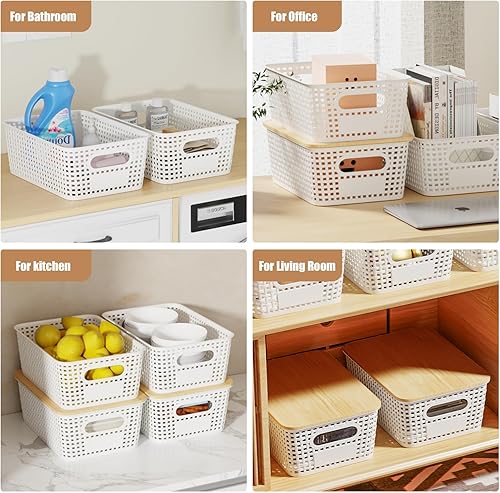 Miniatura 7 de 8 Pack Plastic Storage Bins with Bamboo Lids - Stackable Storage Baskets with Lids for Pantry Organizer and Storage, Small Plastic Stackable Storage
