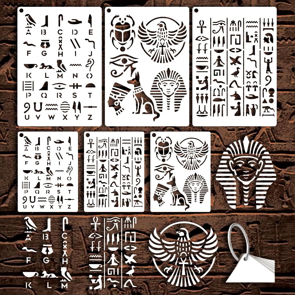 6 fogli stencil geroglifici per pittura, 2 misure antico egiziano riutilizzabile modelli da disegno icone egiziane per dipingere su parete legno decorazione per la casa, 20 x 15 cm/29,7 x 21