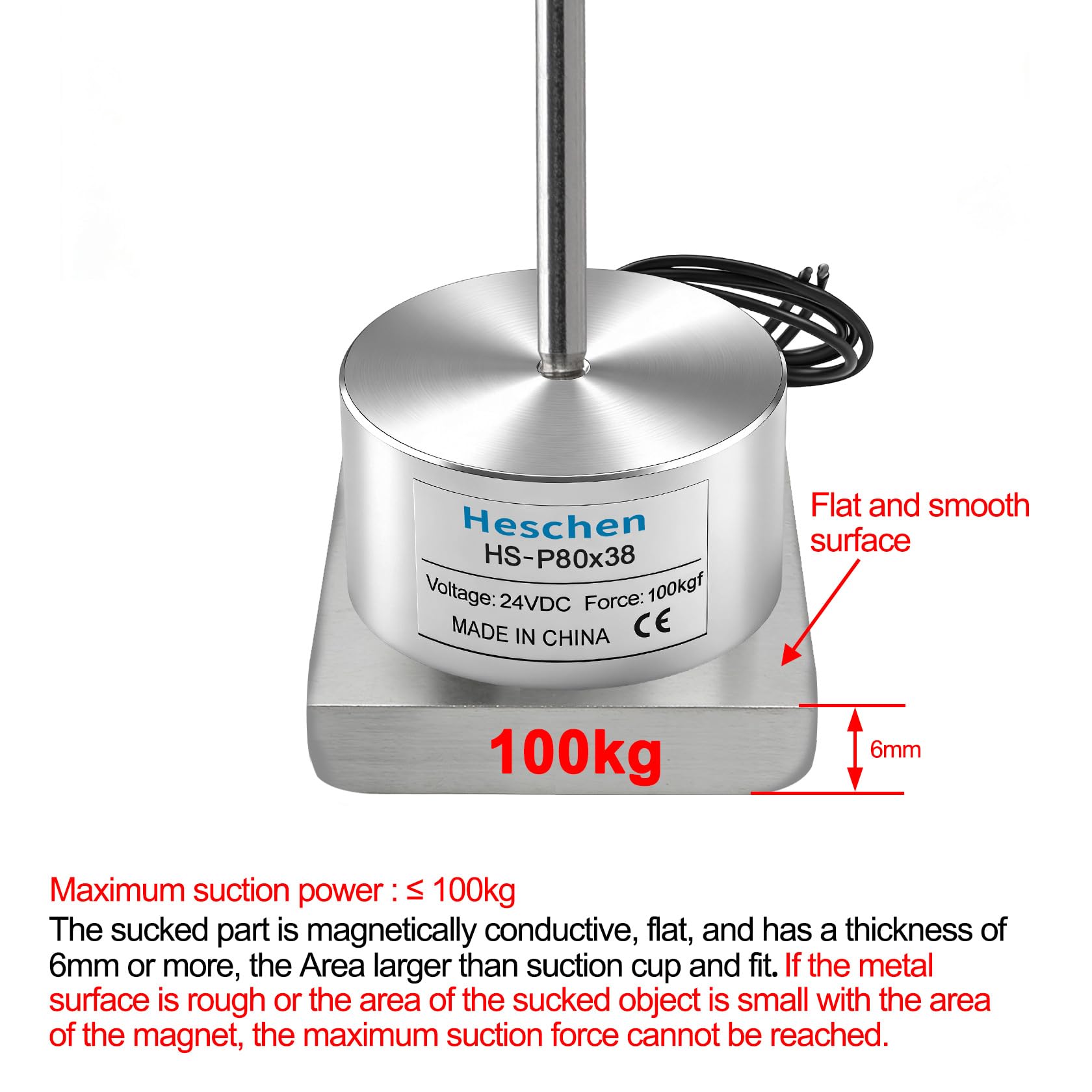 Heschen Electroimán Imán Solenoide, HS-80/38, OD 80mm, DC 24V, 100Kg/220lb