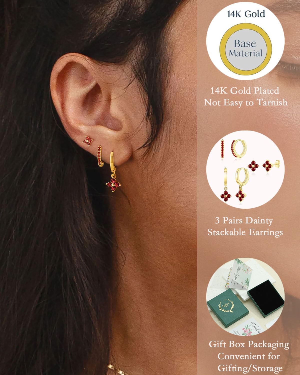 3 Pairs Gold Hoop Earrings Set for Women, Hypoallergenic 14K Gold Plated Huggie Earrings Stacks for Multiple Piercing Dainty Stud Earring Cartilage Birthstone Earring Women Jewelry Gift