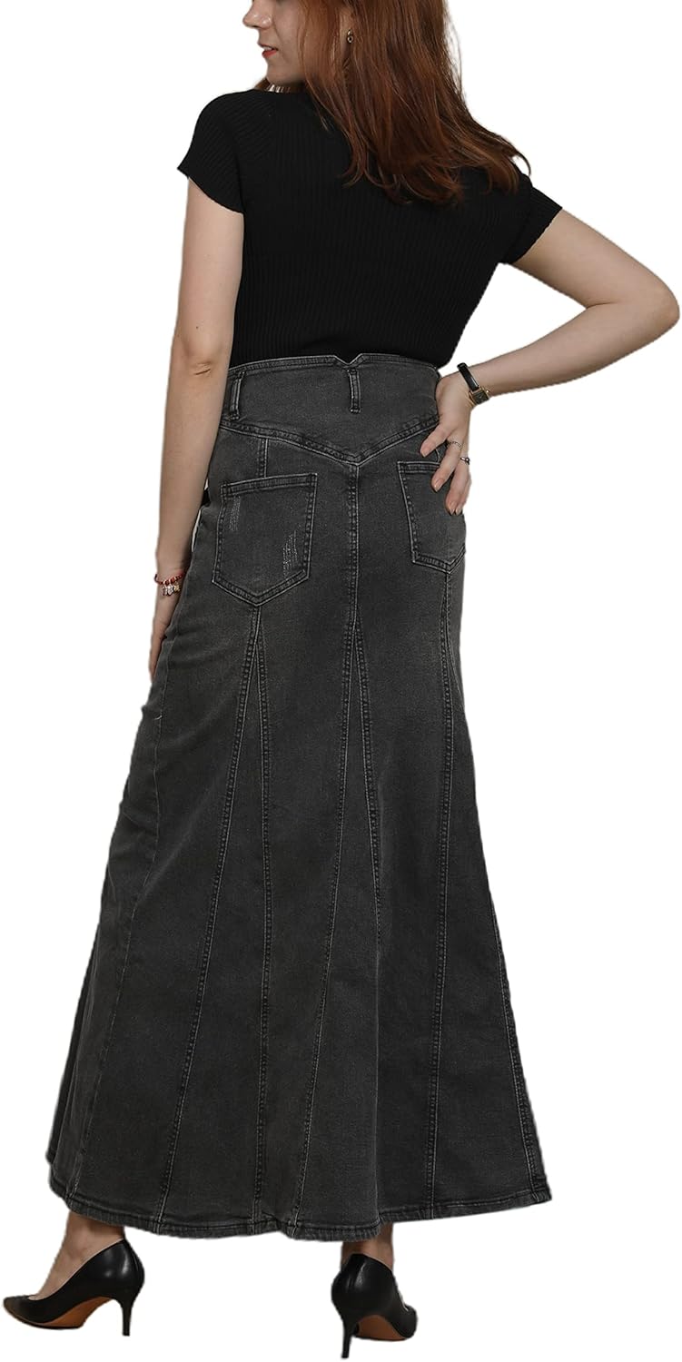 CHARTOU Women's Retro Exposure Button-Fly Packaged Hip A-Line Maxi Long Denim Skirt - Image 3