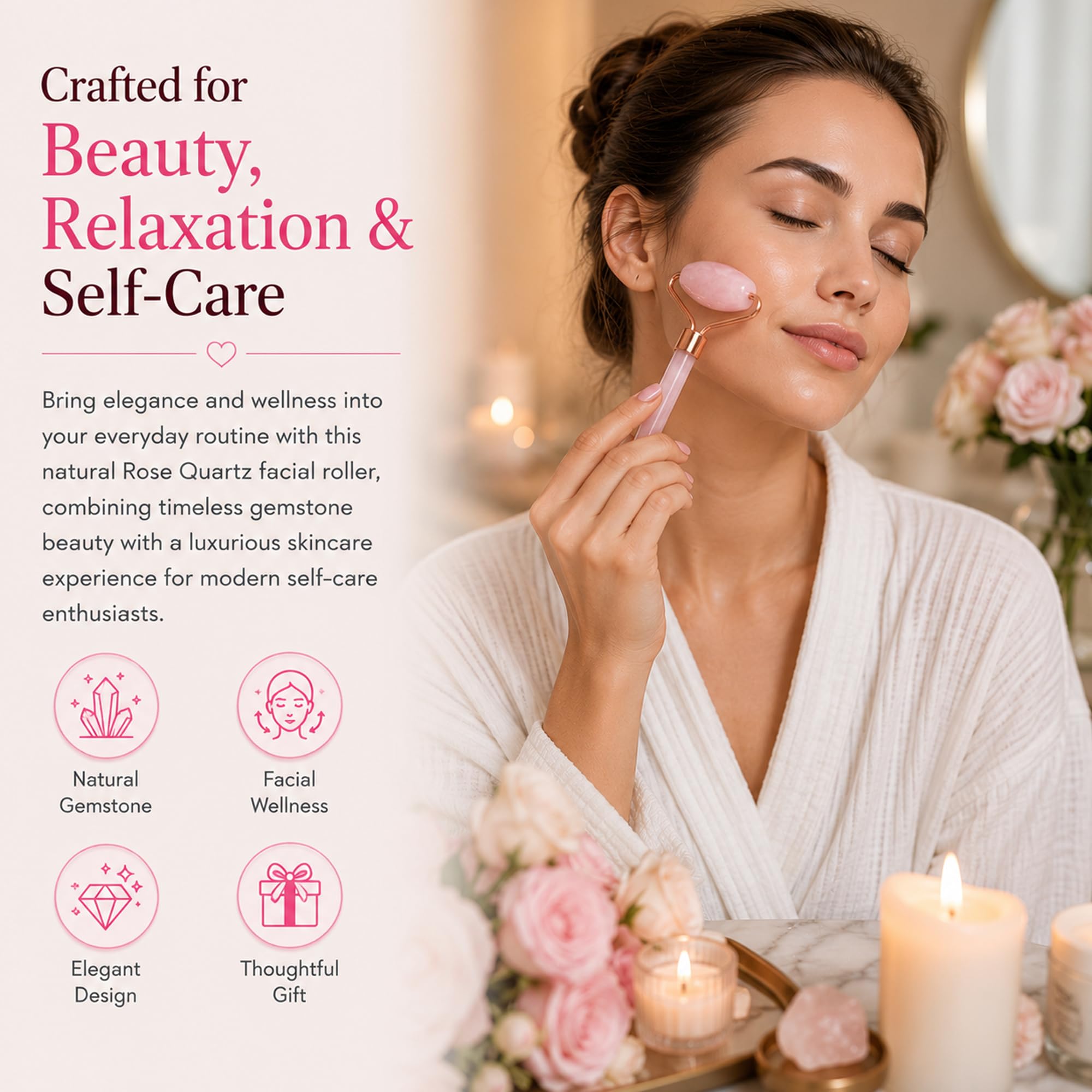 Serein Rose Quartz Facial Roller for Face & Neck Natural Pink Crystal Jade Roller for Skincare, Beauty & Self Care | Dual-Sided Gemstone Massage Tool with Rose Gold Frame 1
