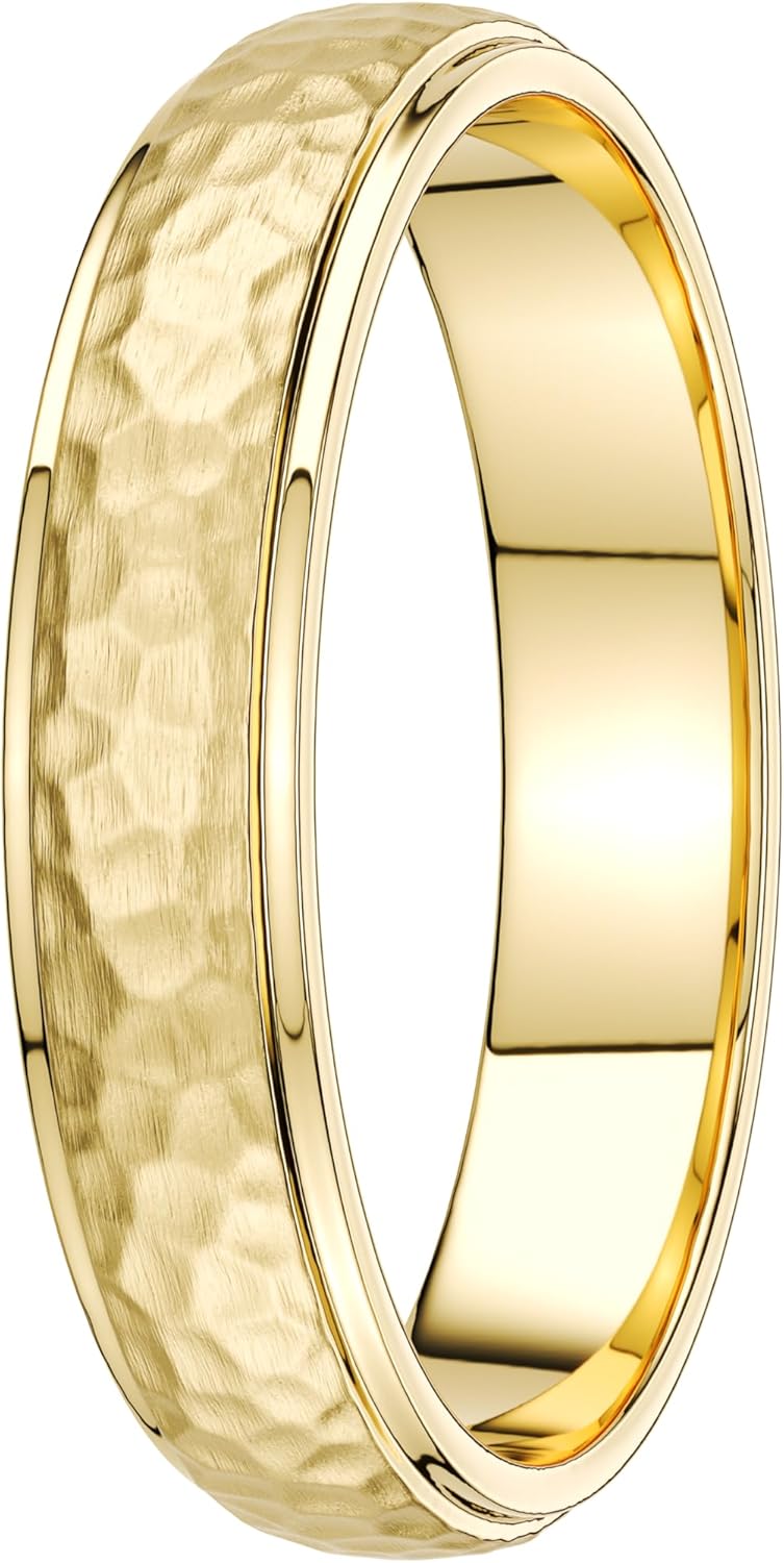 THELANDA Hammered Solid 14K / 10K White/Yellow Gold Unisex 4mm Wide Wedding Band Ring Raised Center Polished Sides