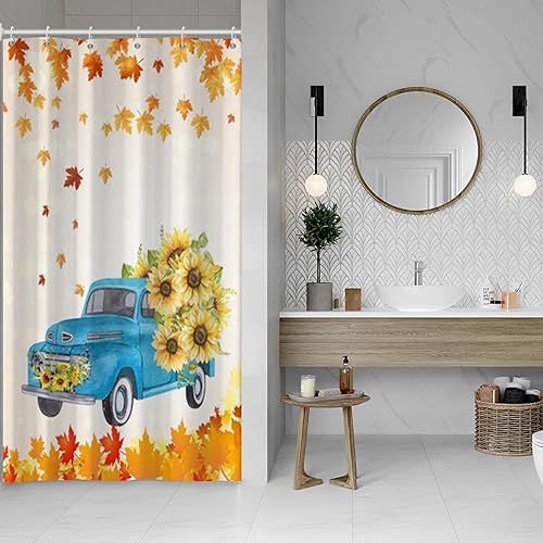 Vista 64 de Yeele Cortinas de ducha de otoño de Acción de Gracias, bonita cortina de ducha de gnomo y calabaza para baño, borde de rejilla blanca y negra
