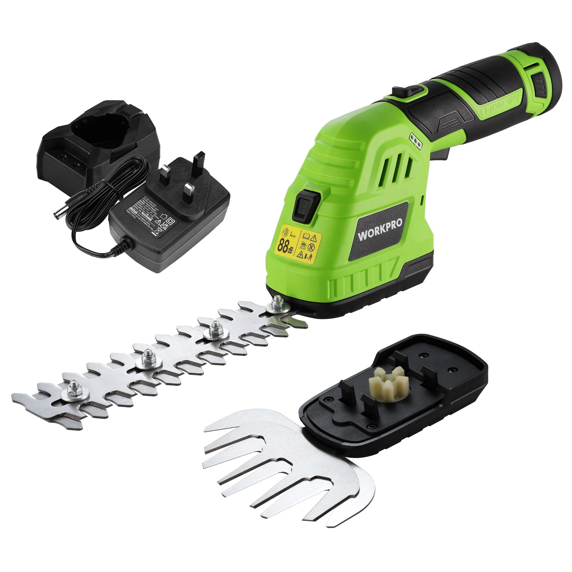 WORKPRO 2-in-1 Cordless Hedge Trimmer and Grass Shear, 12 V Electric Hedge Trimmer with 2000 mAh Battery, Handheld Garden Trimmer with 2 Interchangeable Blades for Gardening