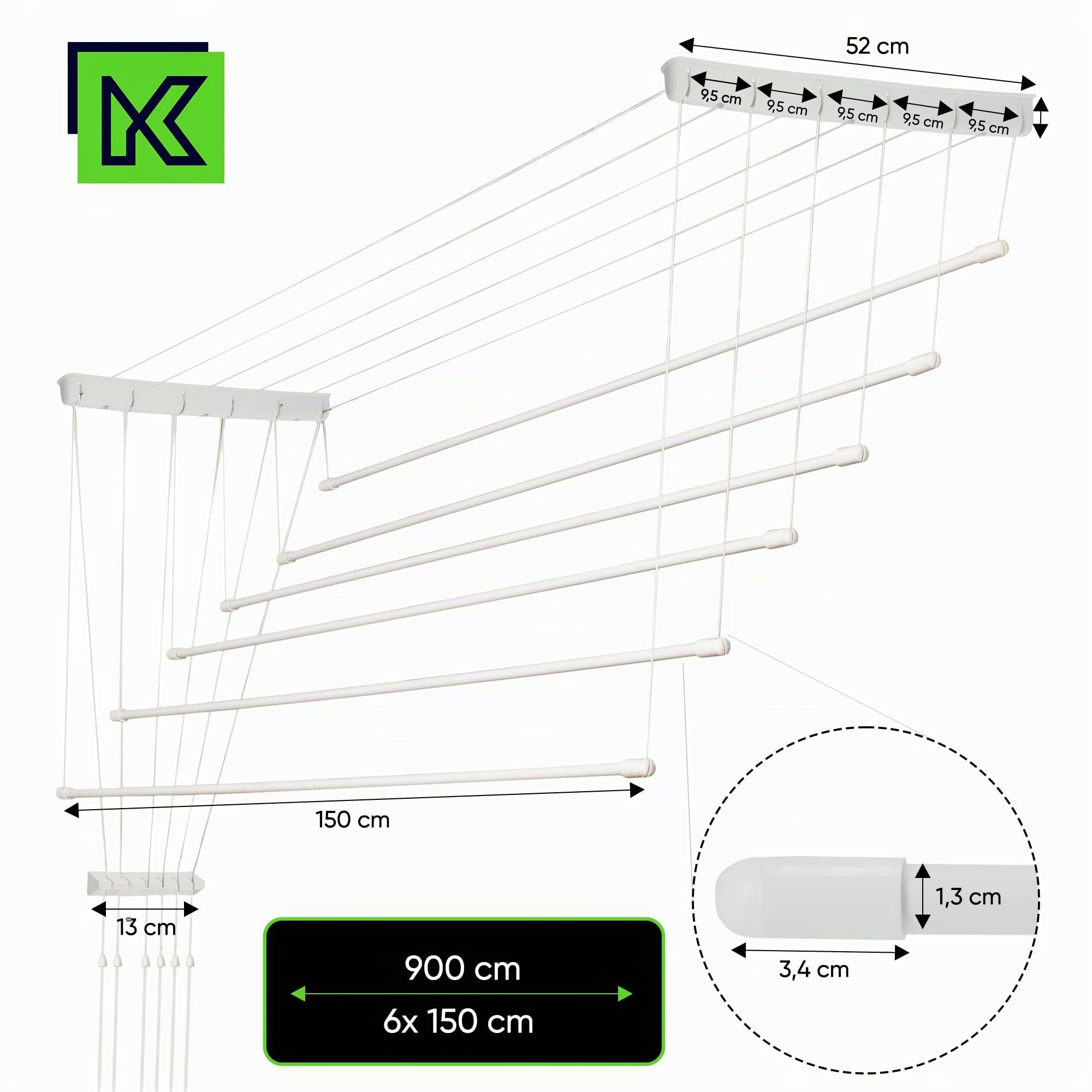 KADAX Stendibiancheria da Soffitto in Acciaio Rivestito in Polietilene, Stendino con Design Salvaspazio e Capacità di Carico di 12 kg (Bianco, 6 x 150)