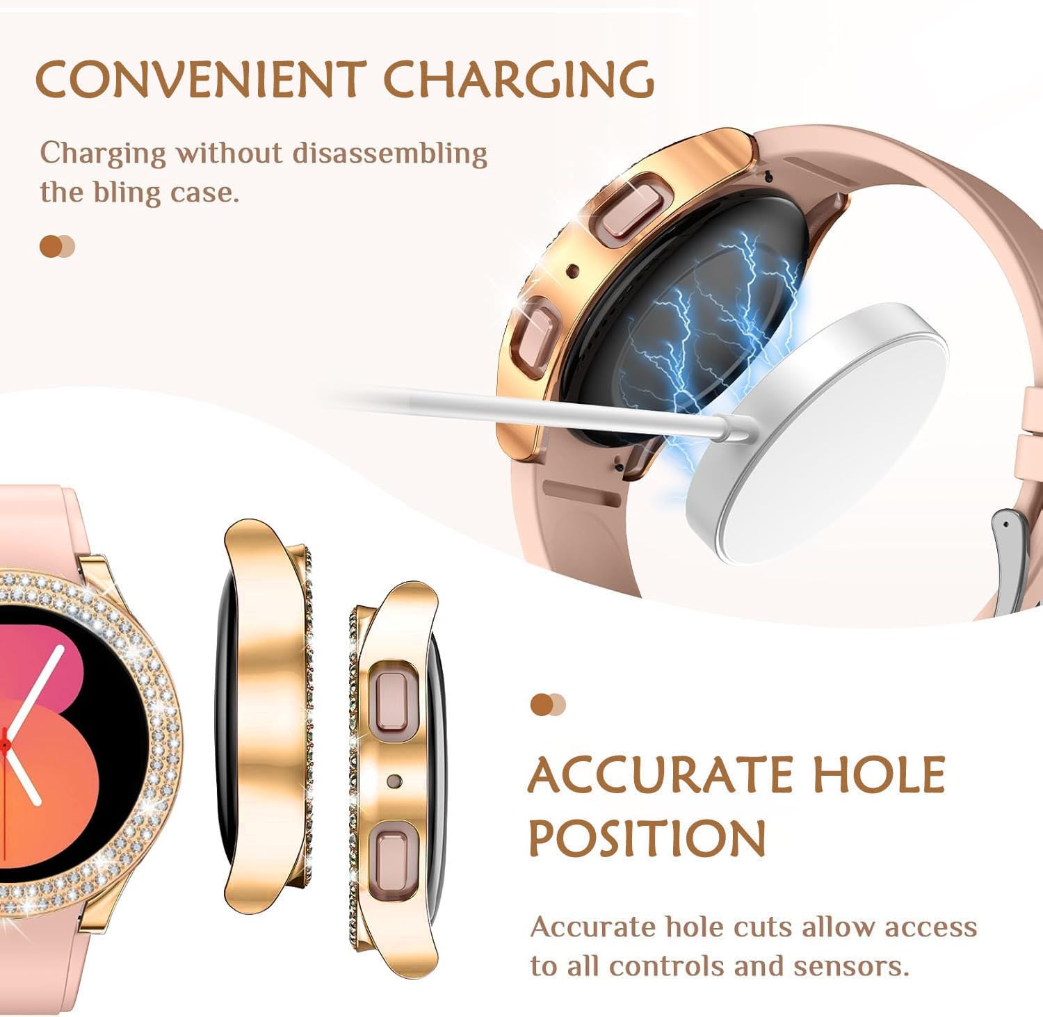 DEALELE [2-PACK] Case Compatible with Samsung Galaxy Watch 5/4 44mm, Bling Single-Row Diamond PC Protective Case Replacement Watch Cover Bumper (44mm, Gold+Transparent) — view 25